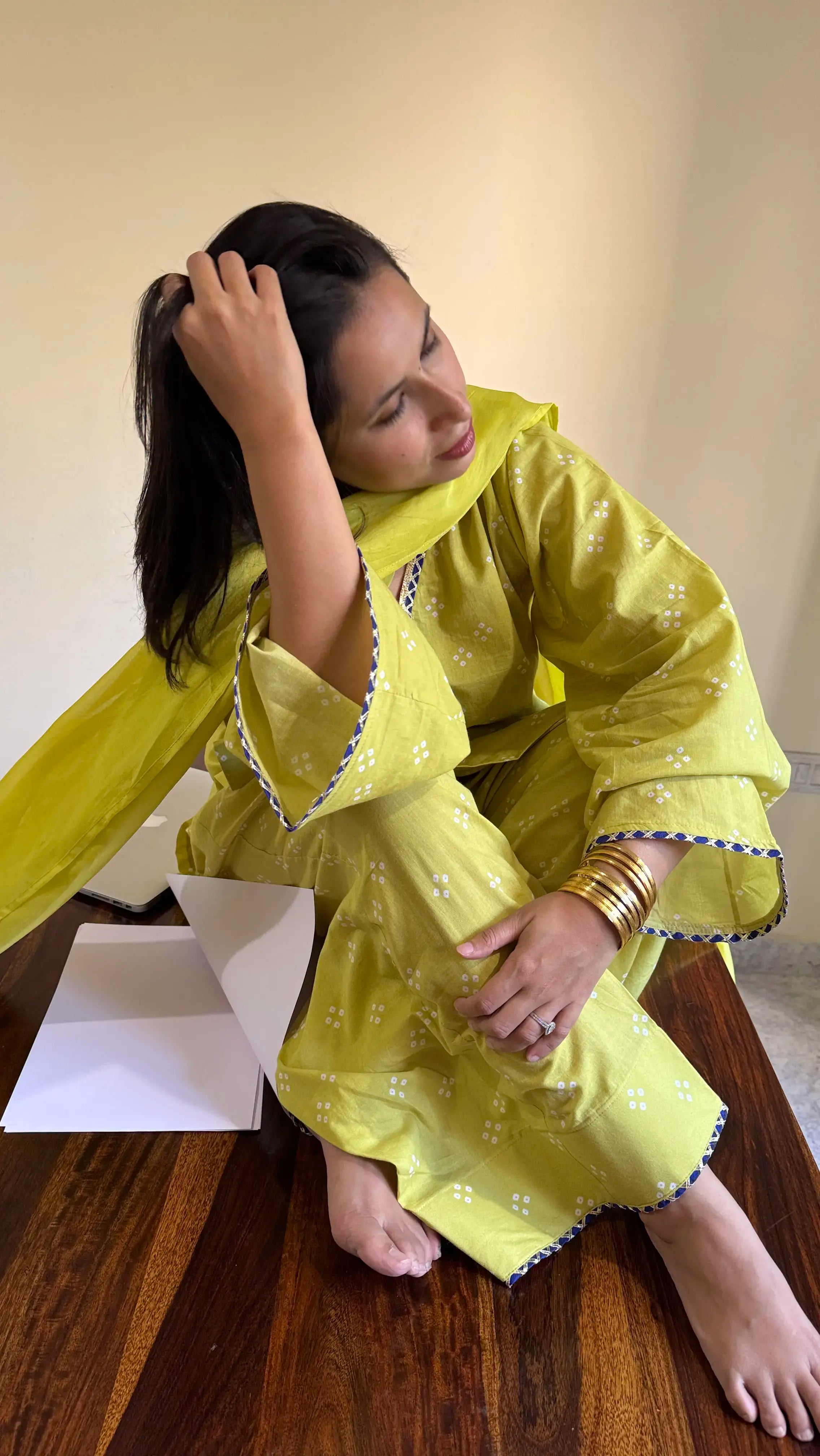 Traditional Noor Bandhani Farshi Set by Pyoor with 2.5m organza dupatta and lace work.