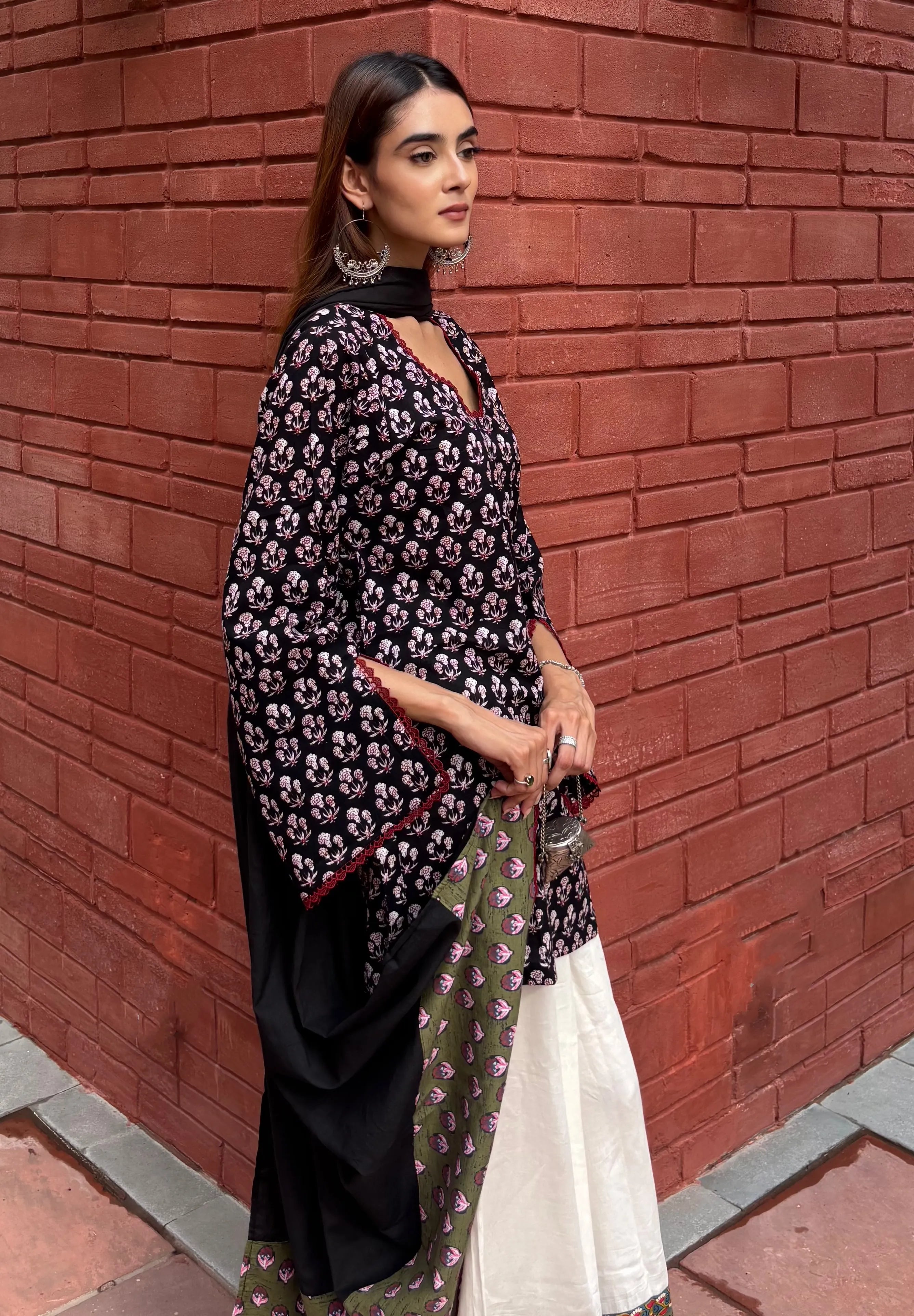 Noori Cotton Block Printed Set, cotton fabric with contrast patch work, Pyoor