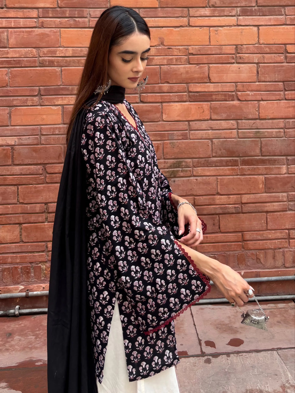 Noori Cotton Block Printed Set styled with flared palazzo and cotton kurta