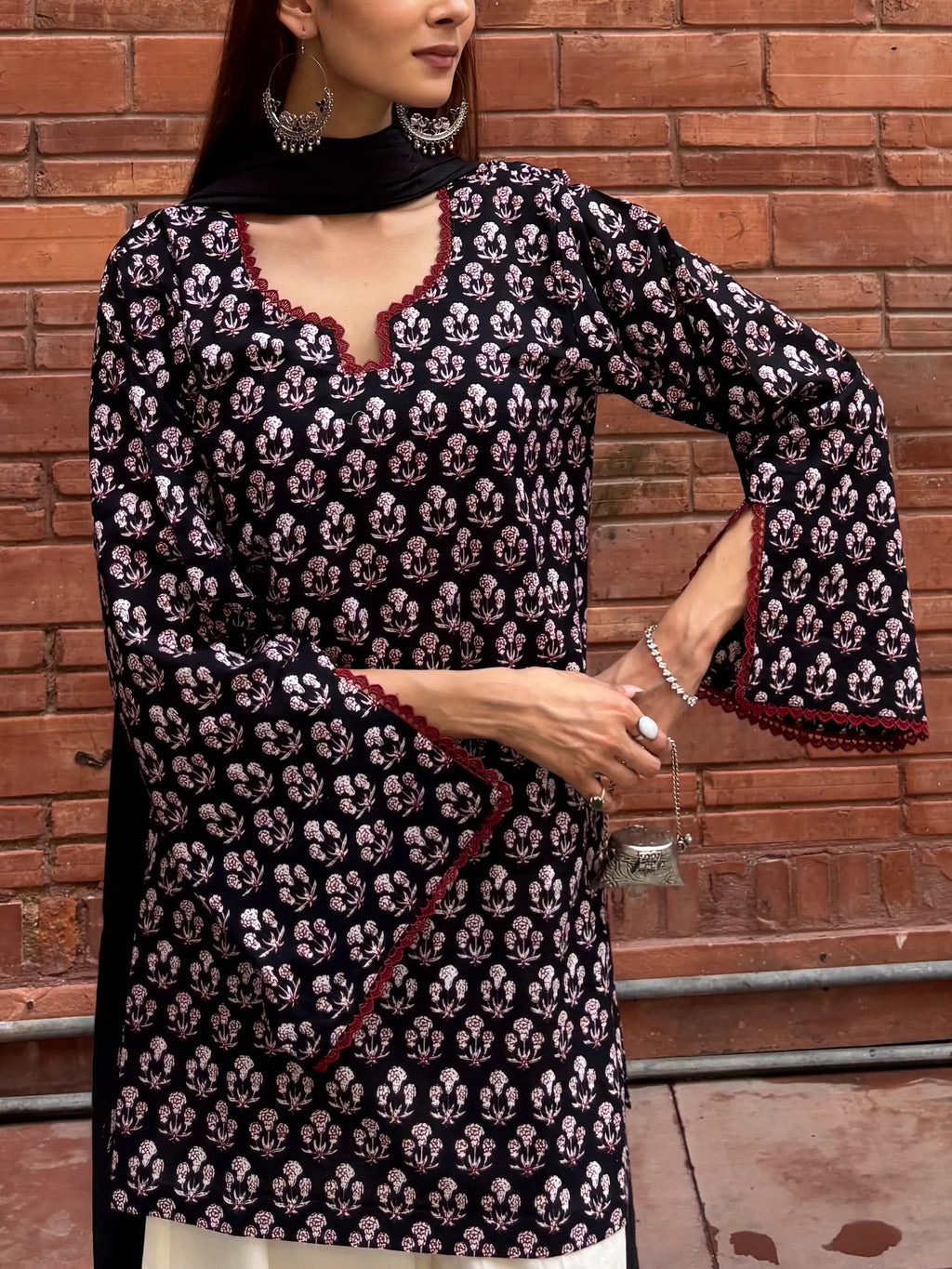 Noori Cotton Block Printed Set featuring oversized kurta and flared cotton palazzo