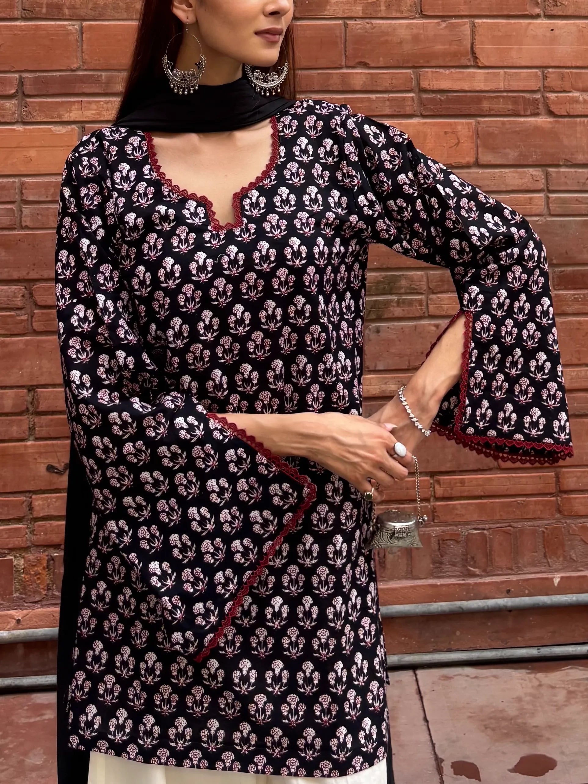Noori Cotton Block Printed Set featuring oversized kurta and flared cotton palazzo