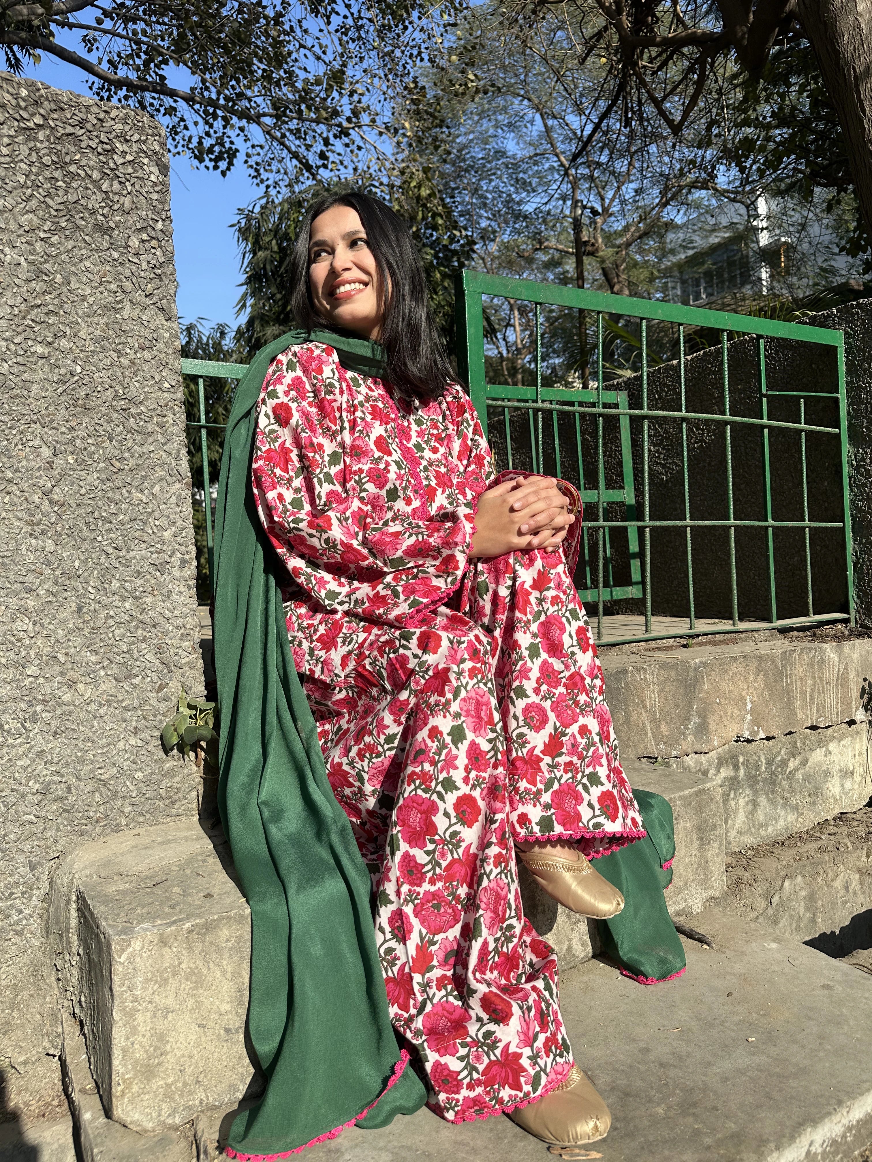 Nooria Floral Farshi Set by Pyoor with flowery cotton kurta and farshi salwar