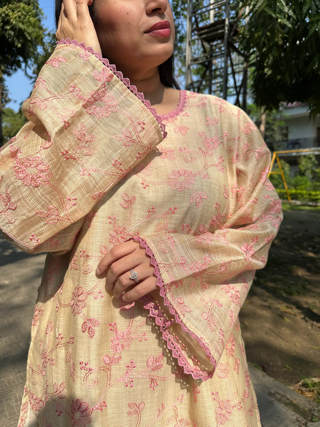 Parisa Tussar Silk Farshi Set by Pyoor in pink embroidered silk with relaxed fit and soft lining
