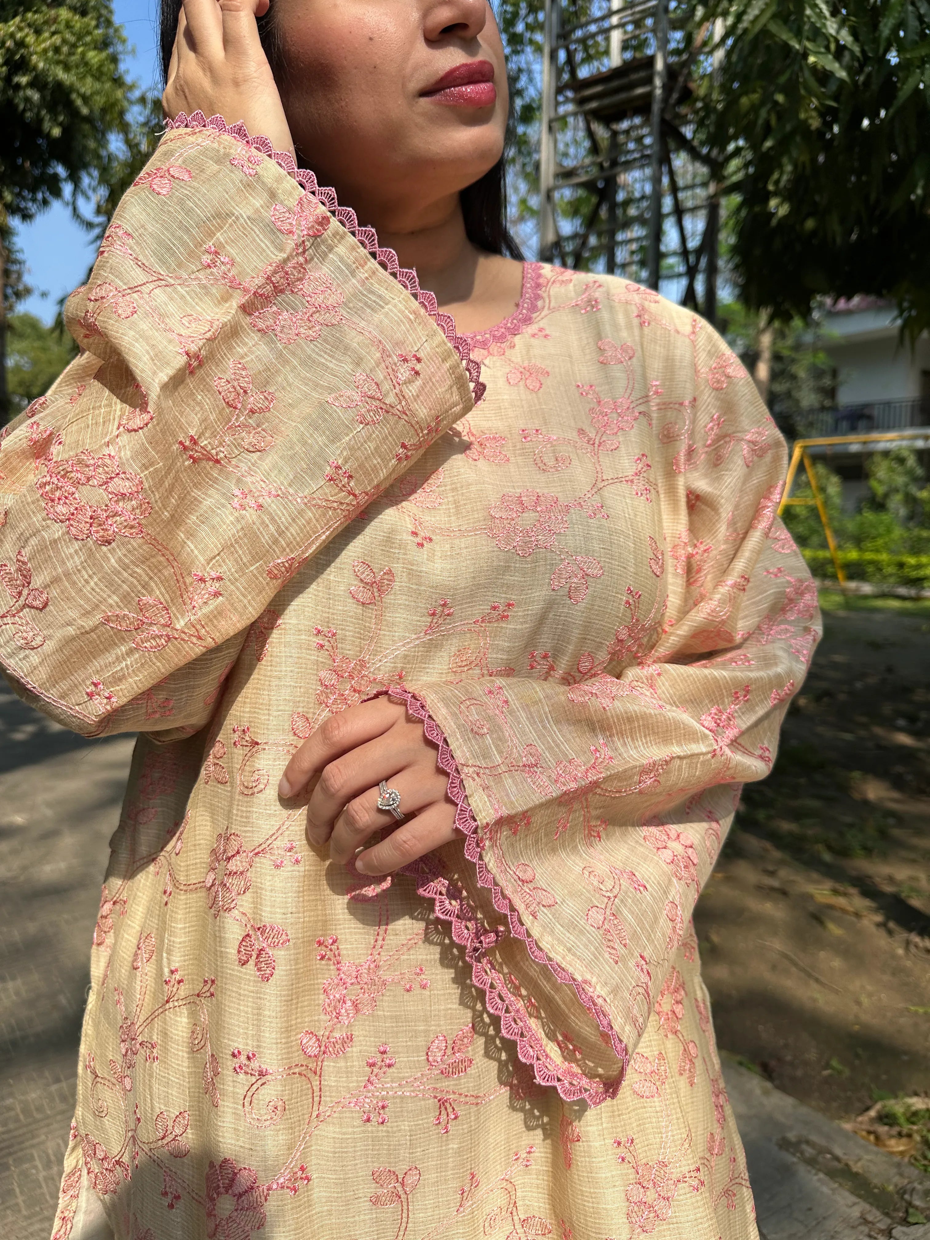 Parisa Tussar Silk Farshi Set by Pyoor in pink embroidered silk with relaxed fit and soft lining