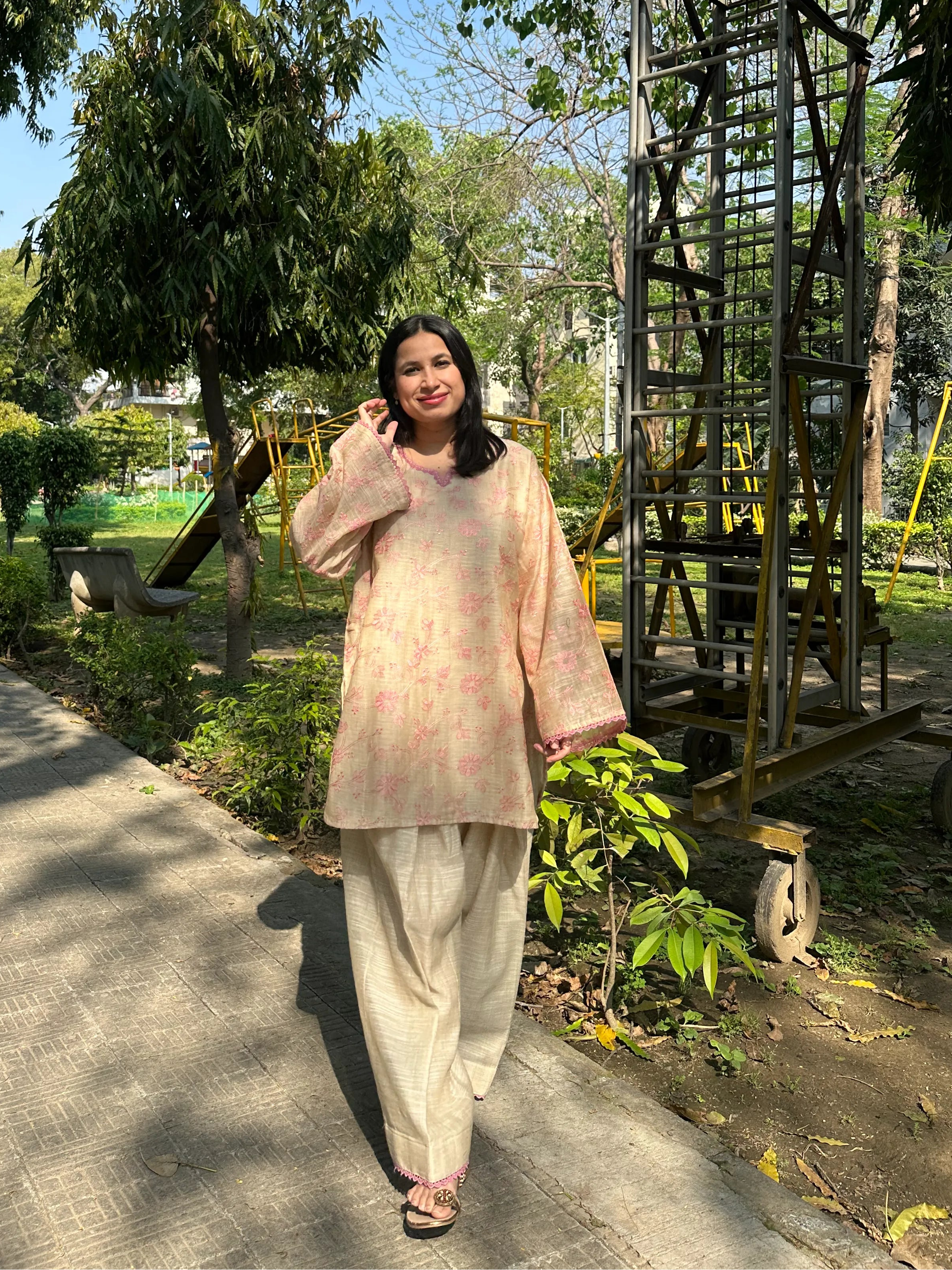 Parisa Tussar Silk Farshi Set by Pyoor pink embroidered kurta with wide mori salwar in silk