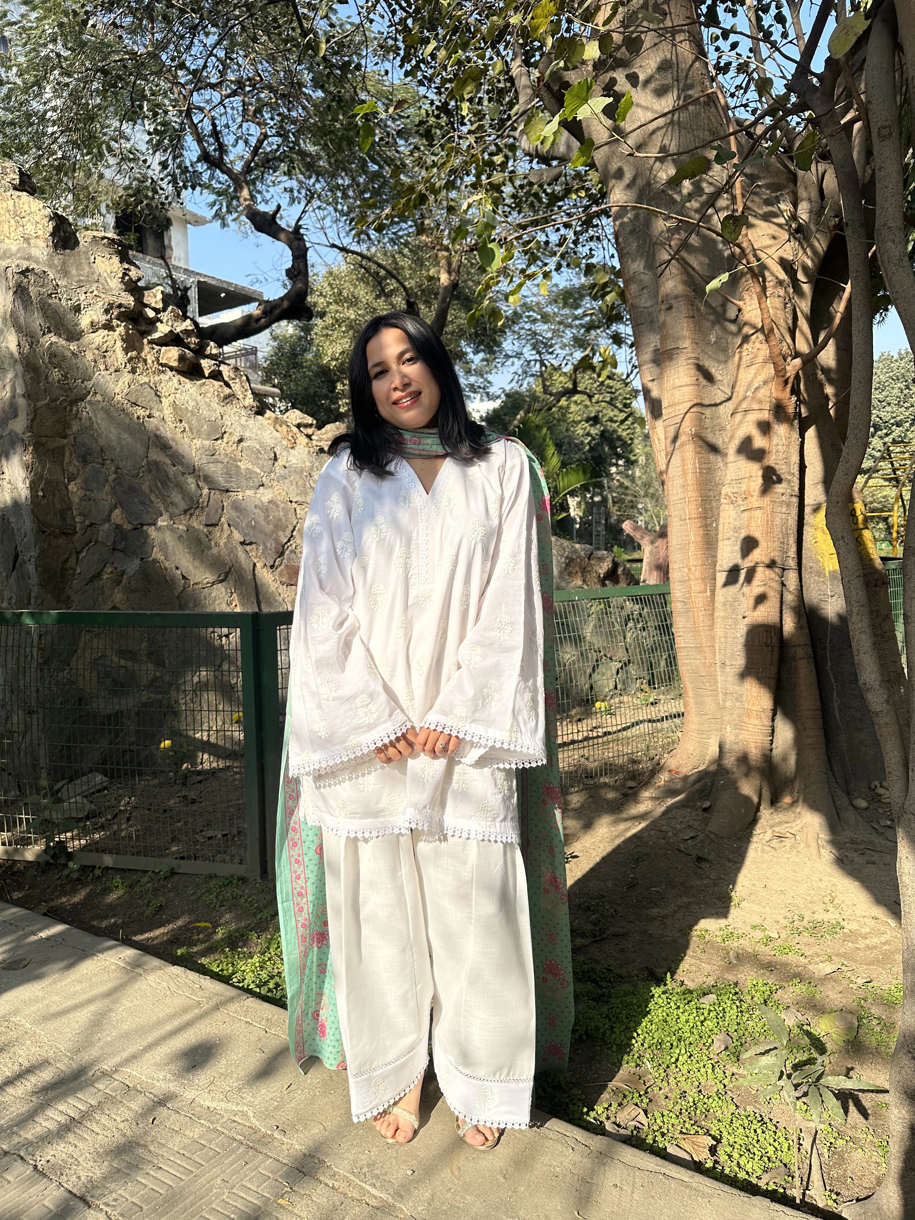 Parizaad Embroidered White Set by Pyoor in cotton kurta, salwar and ferozi dupatta