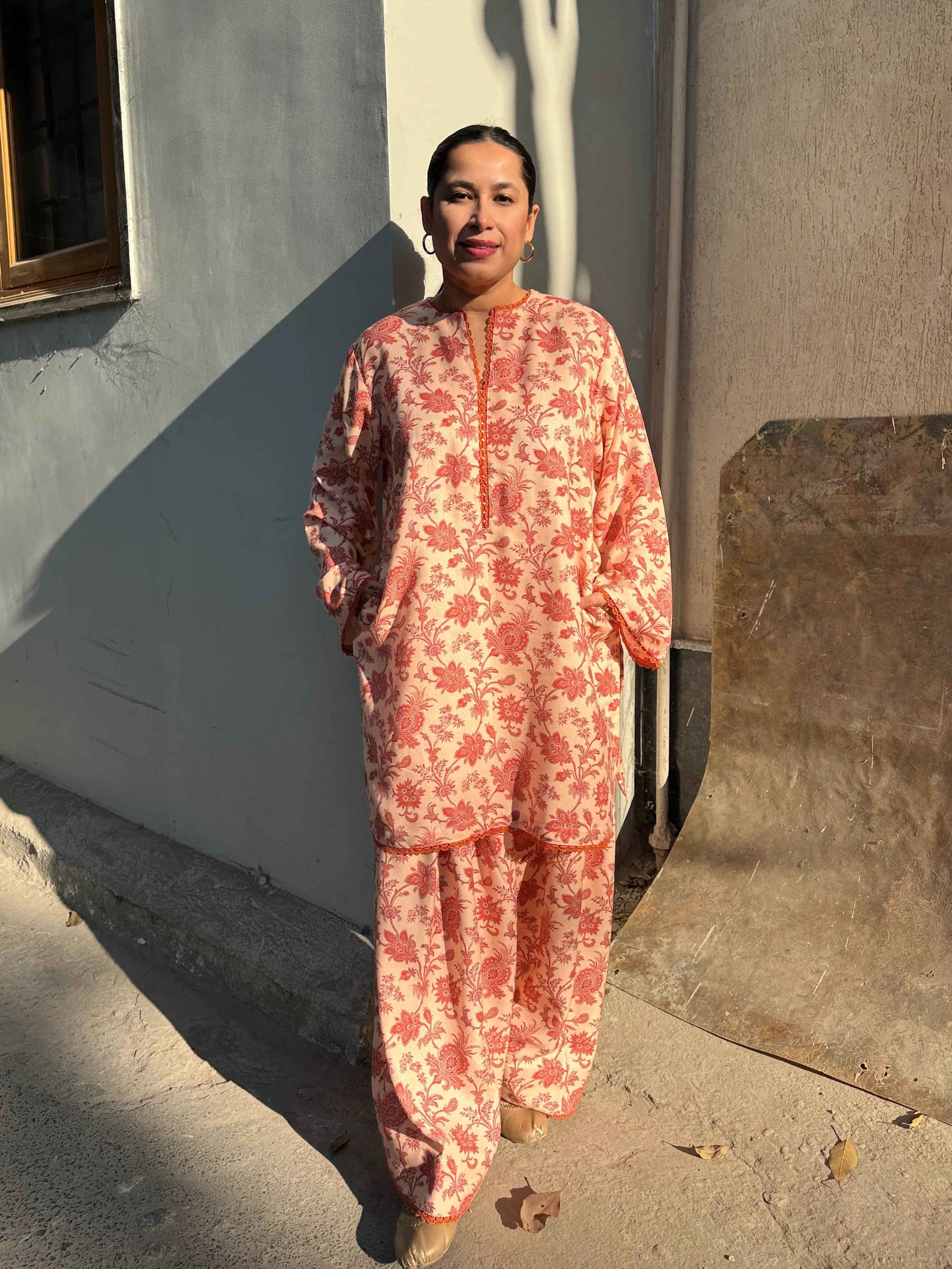 Peach Winter Bloom Pashmina Set by Pyoor in cozy oversized fit with lace detailing