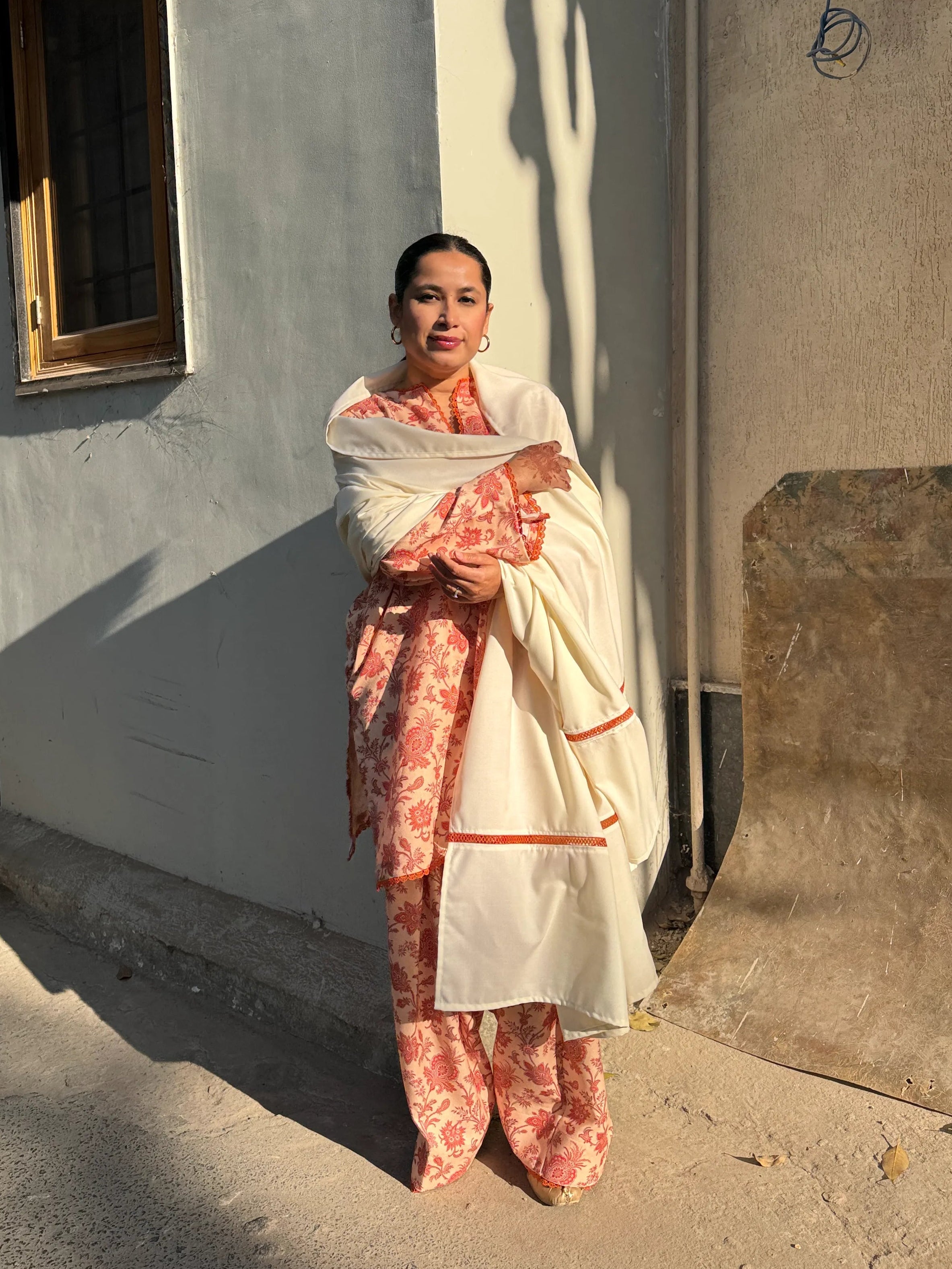 Pyoor Peach Winter Bloom Pashmina Set featuring printed kurta with matching farshi salwar