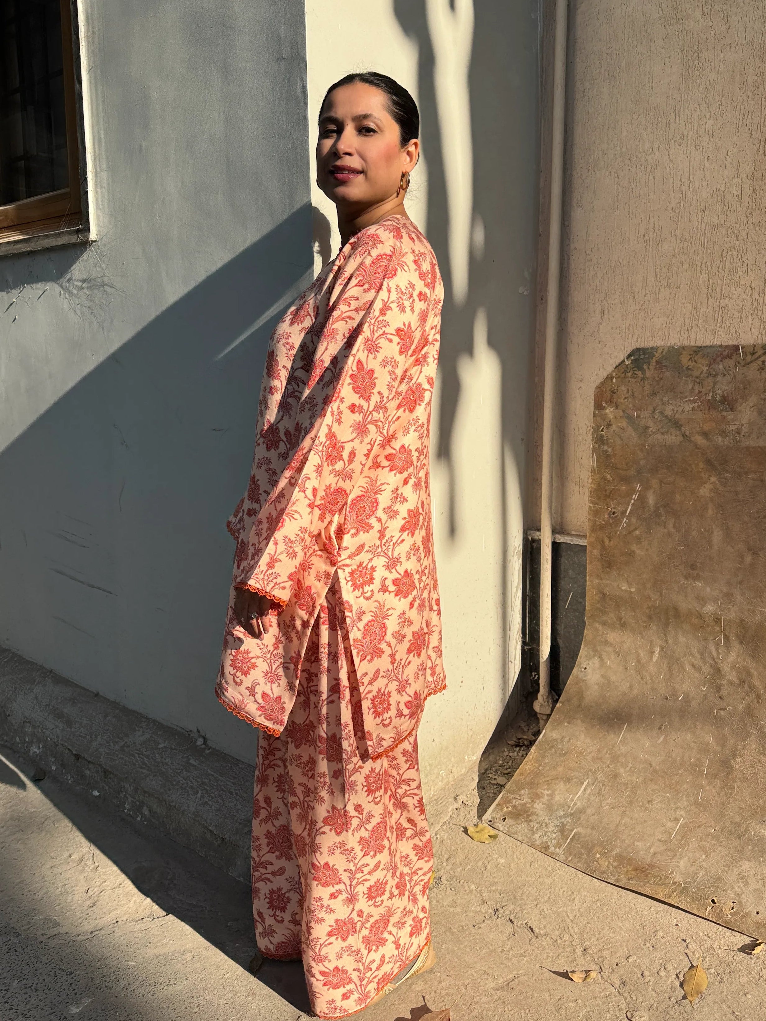 Pyoor Peach Winter Bloom Pashmina Set paired with matching farshi salwar look