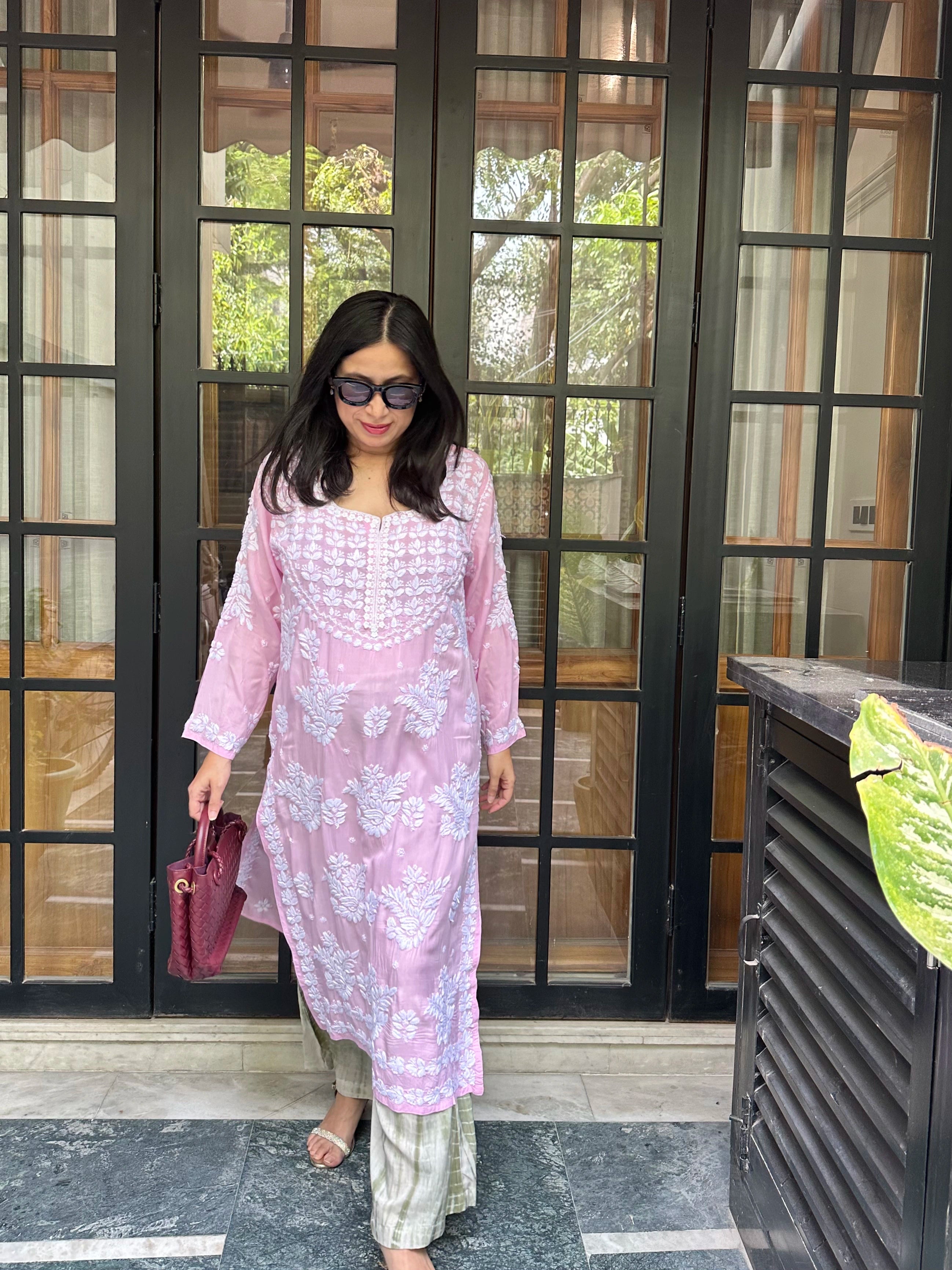 Pink Chikankari Co-ord by Pyoor with a cotton kurta and broad tie-dye muslin palazzo