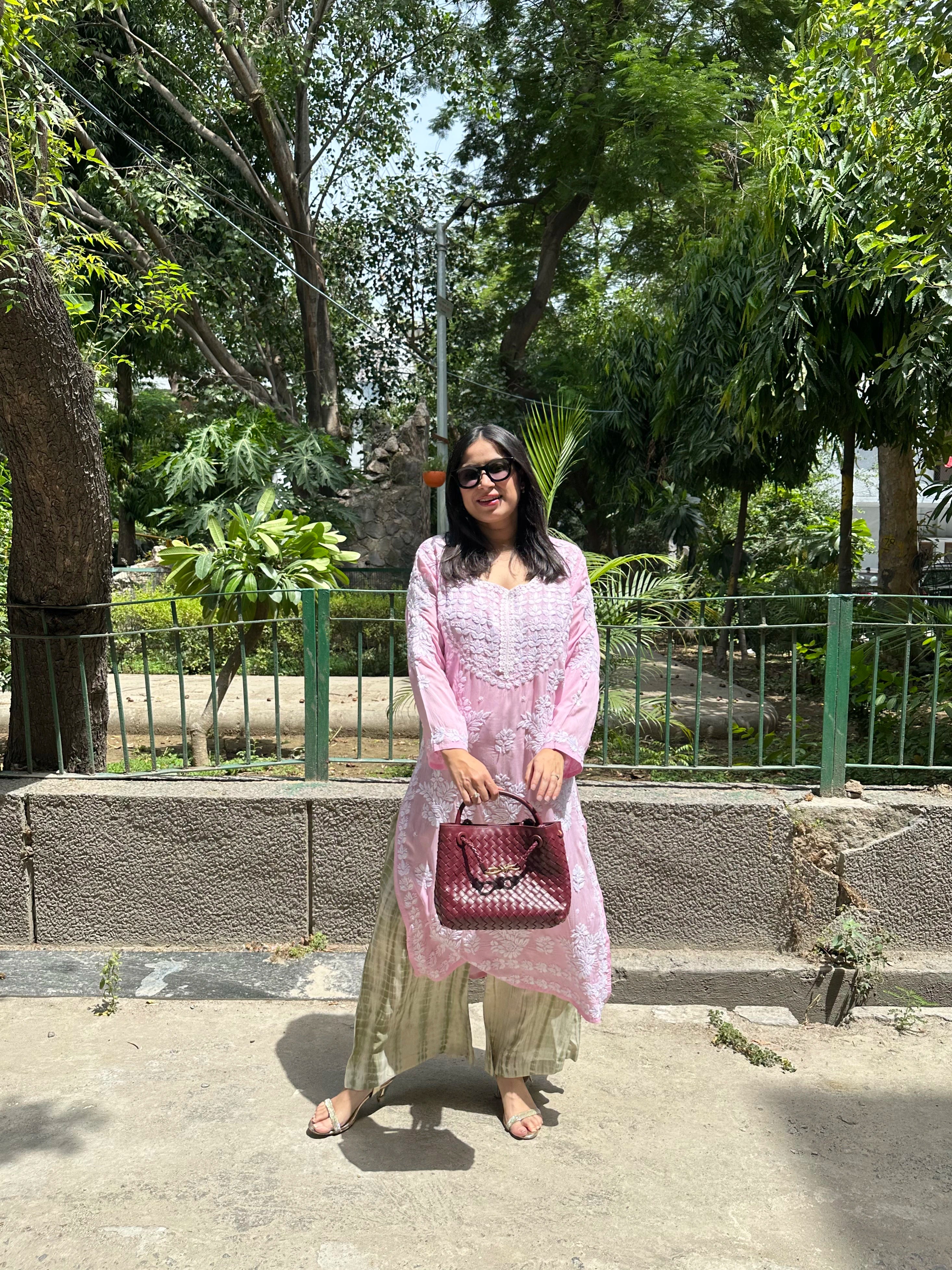 Pink Chikankari Co-ord by Pyoor featuring a relaxed cotton chikankari kurta and palazzo