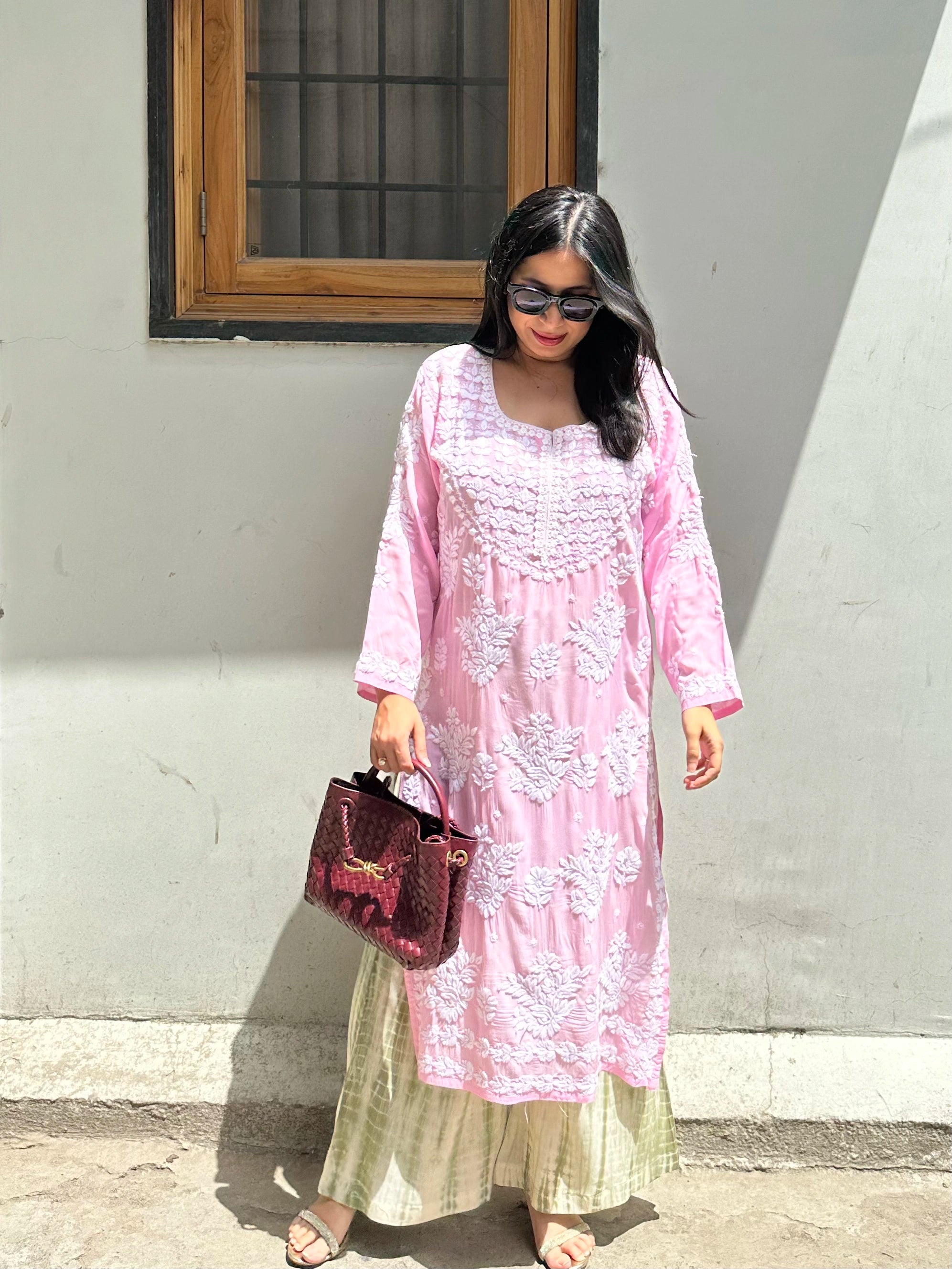 Pink Chikankari Co-ord by Pyoor with a loose-fit kurta and contrast tie-dye palazzo