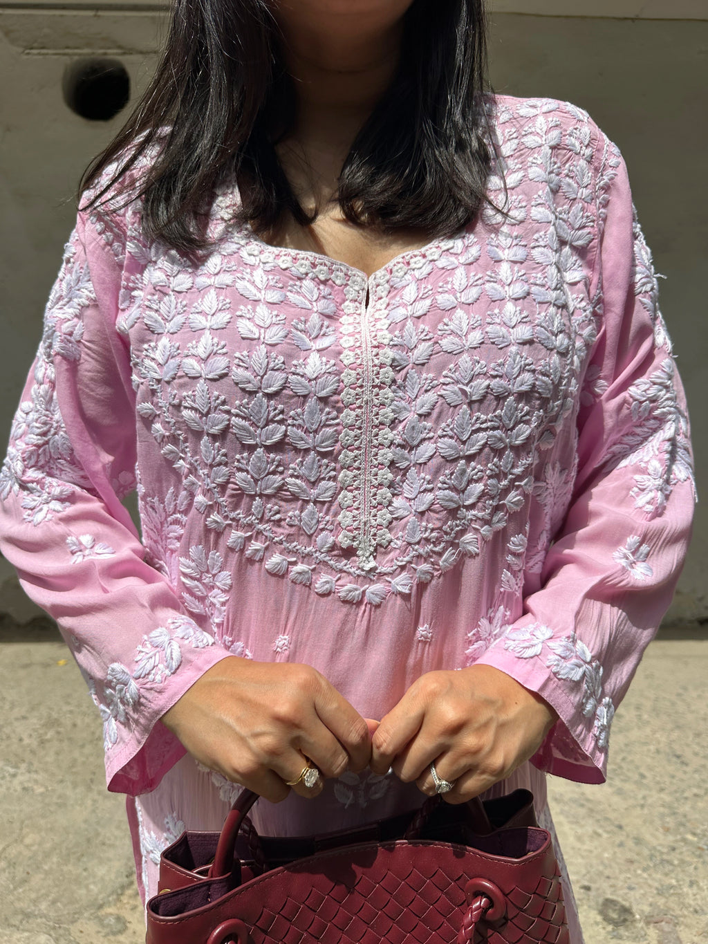 Pink Chikankari Co-ord by Pyoor featuring a soft pink cotton kurta and broad tie-dye muslin palazzo