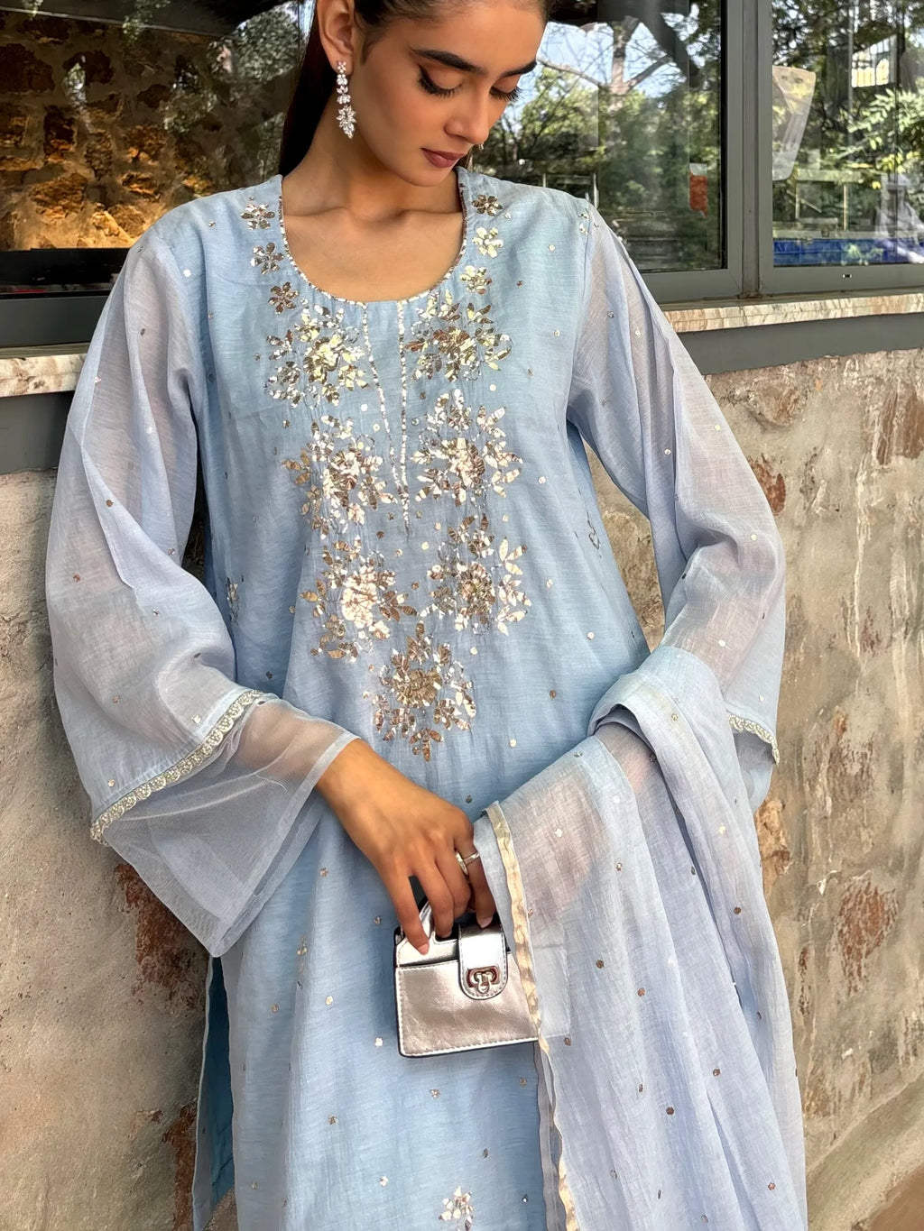 Powder Blue Mukaish Handwork Farshi by Pyoor – Elegant mul chanderi kurta and georgette farshi.