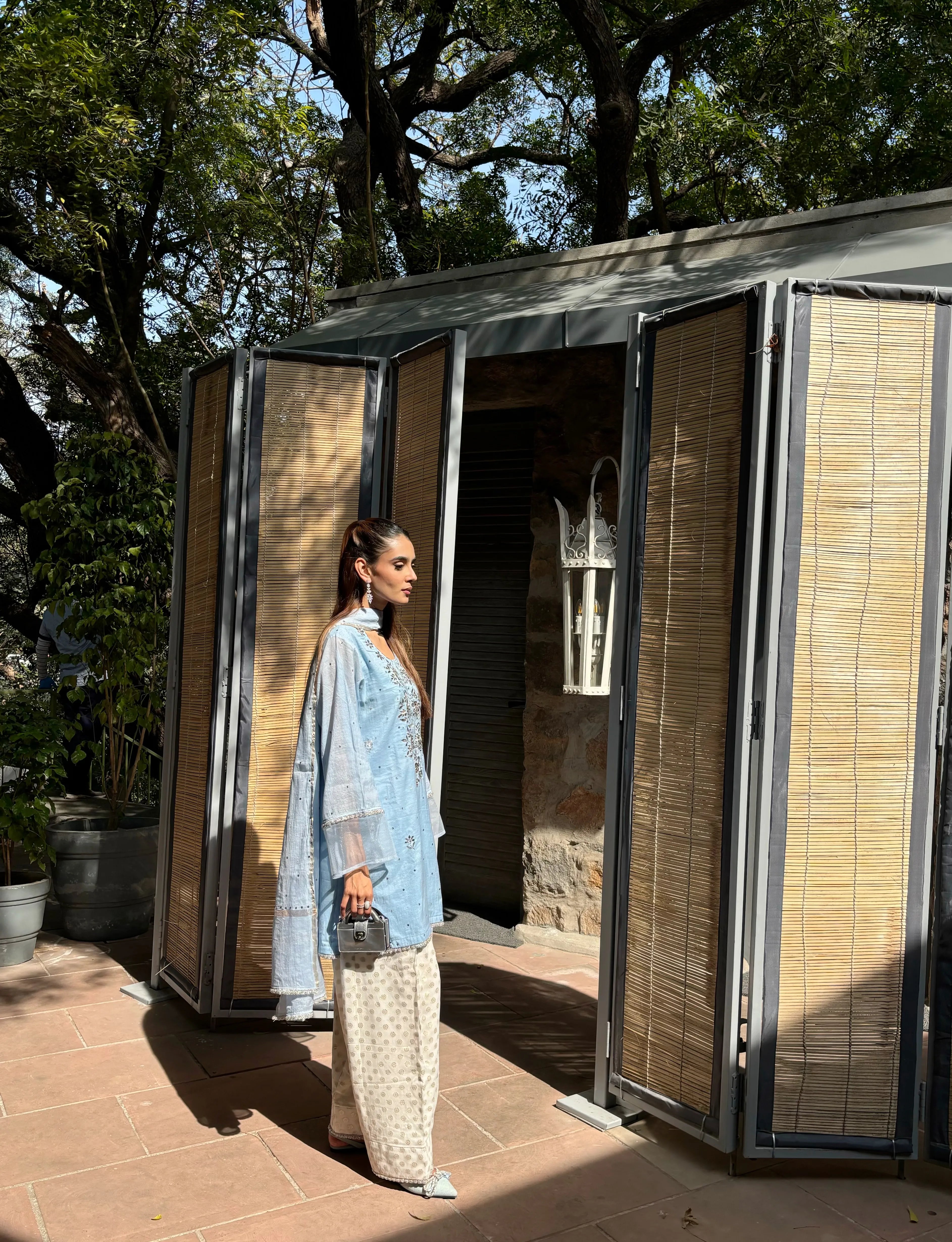 Powder Blue Mukaish Handwork Farshi by Pyoor – A blend of luxury with mul chanderi and georgette fabrics.