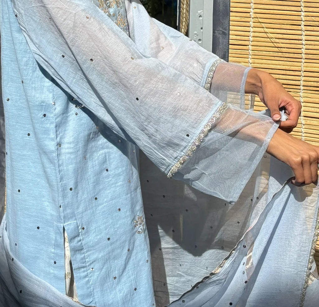 Powder Blue Mukaish Handwork Farshi by Pyoor – Delicate embroidery and zari work on a georgette farshi.