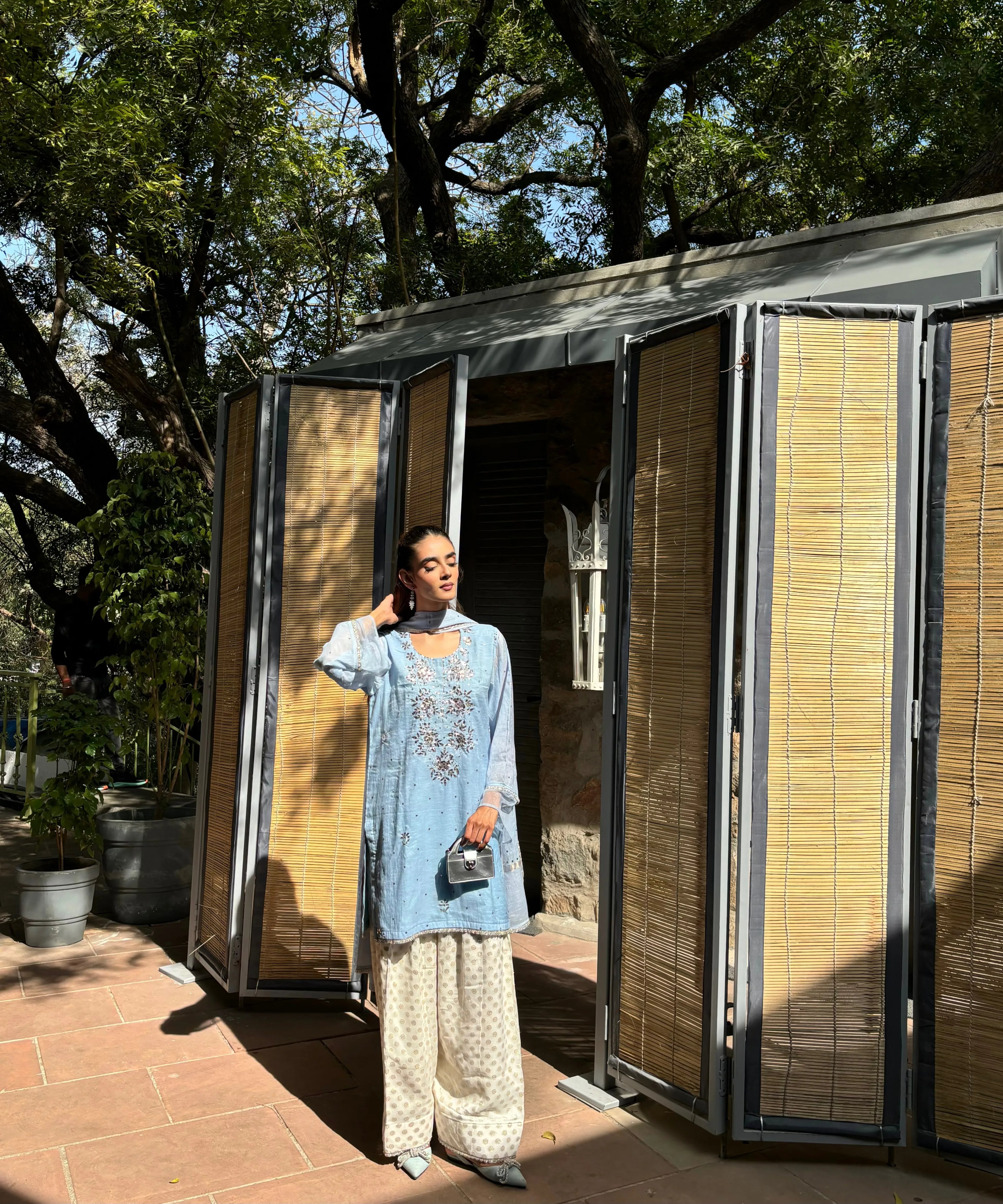 Powder Blue Mukaish Handwork Farshi by Pyoor – Stunning embroidery and zari work on farshi.