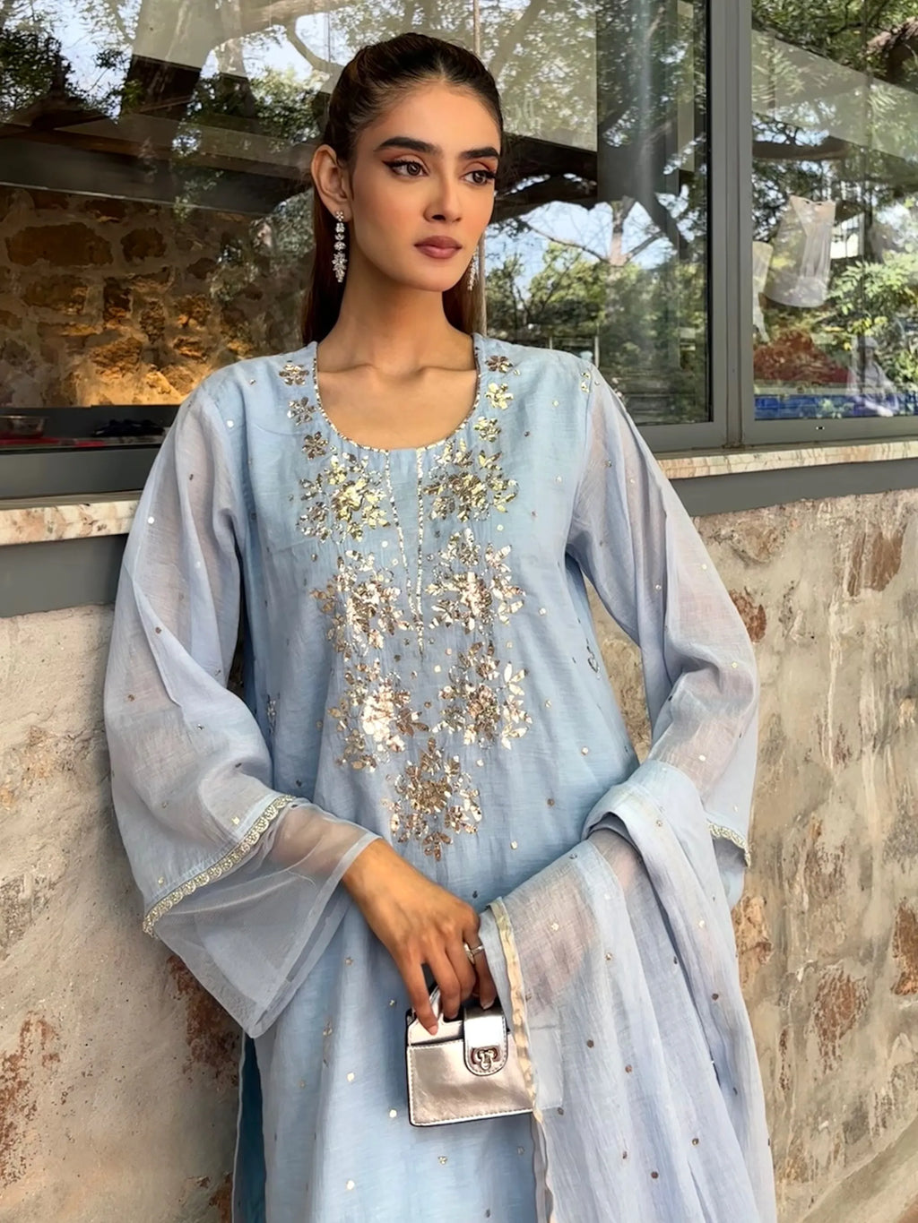 Powder Blue Mukaish Handwork Farshi by Pyoor – Beautiful mul chanderi kurta and georgette salwar.