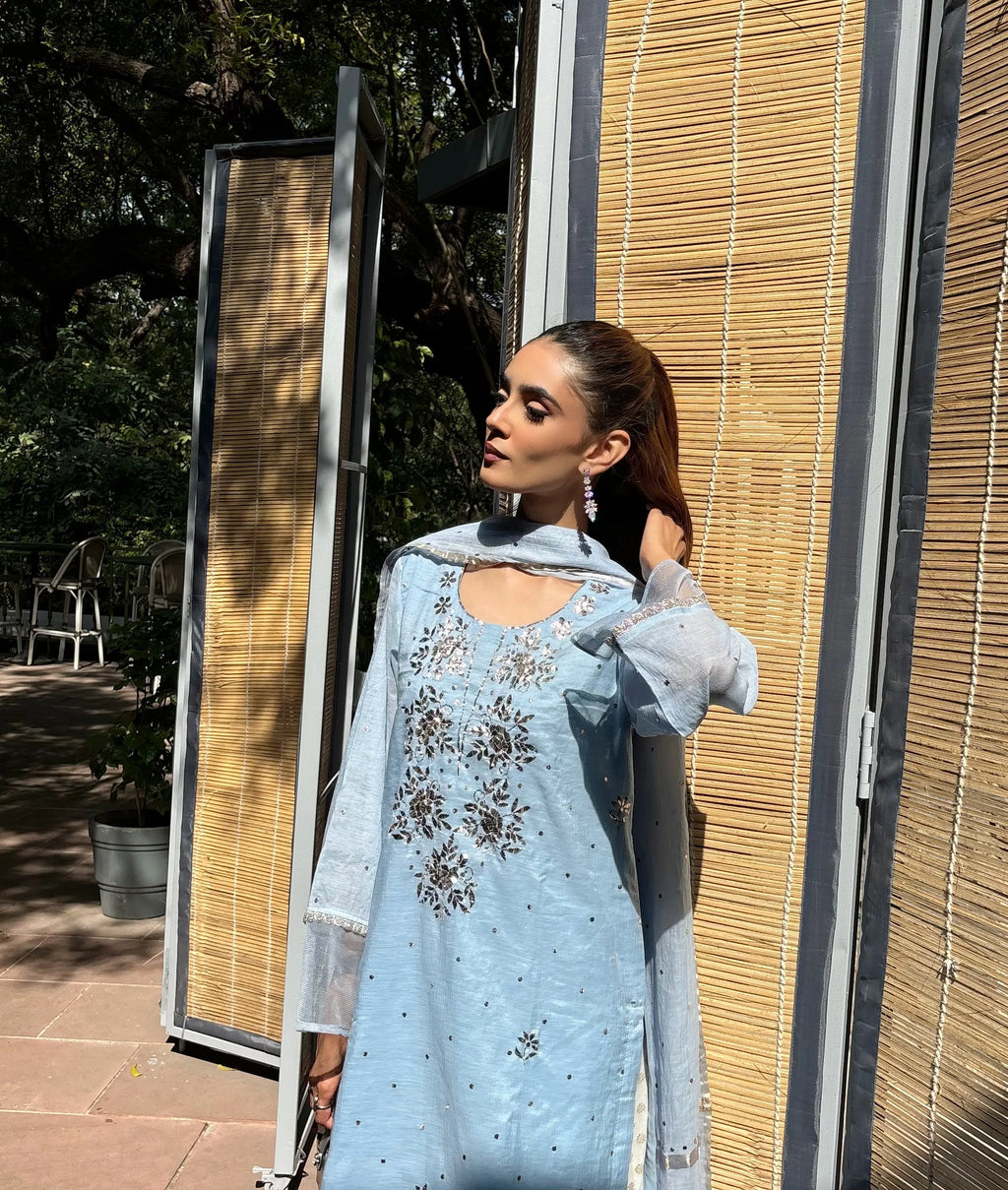 Powder Blue Mukaish Handwork Farshi by Pyoor – Exquisite Mukaish handwork and georgette fabric.