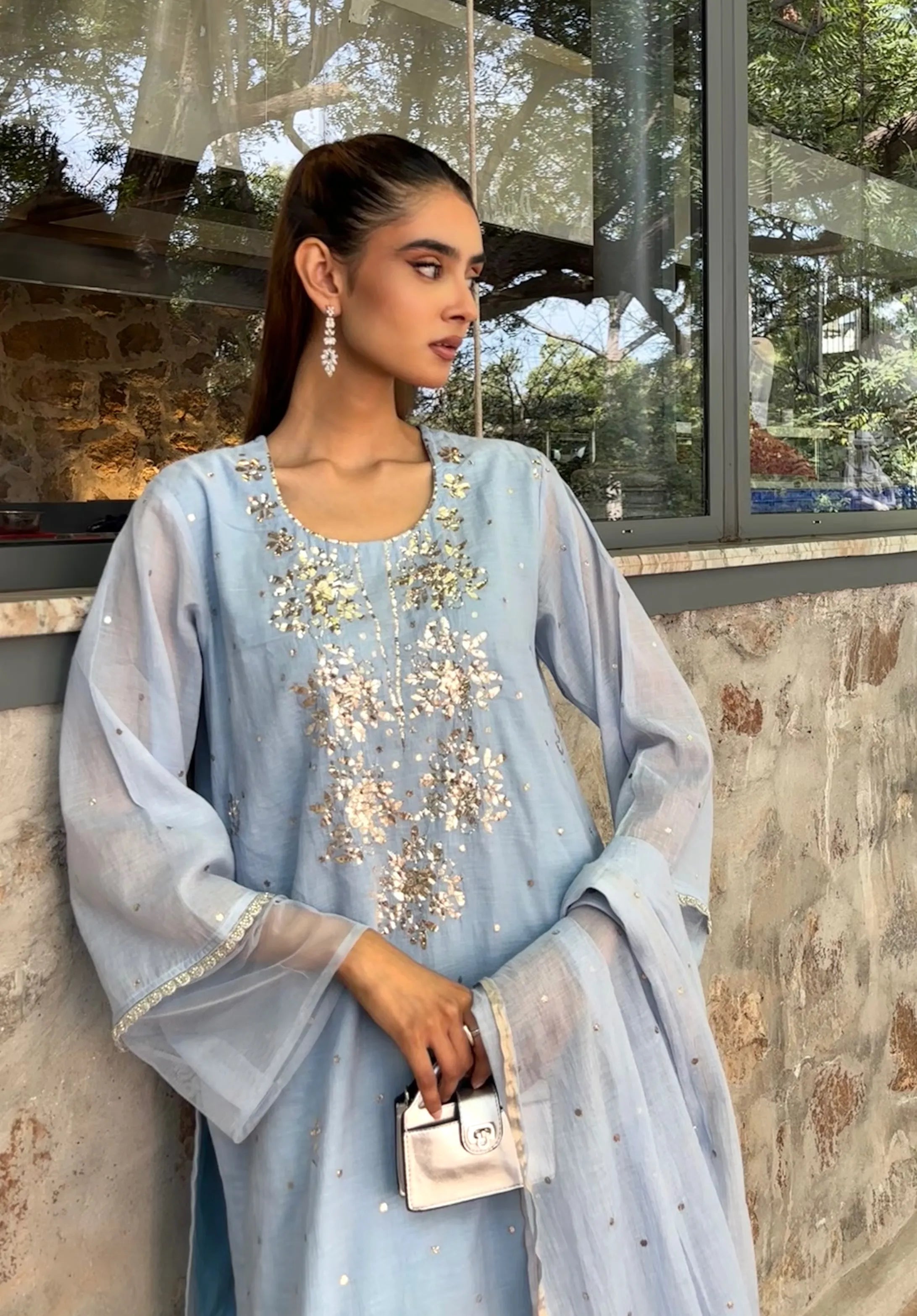 Powder Blue Mukaish Handwork Farshi by Pyoor – Elegant kurta with intricate embroidery details.