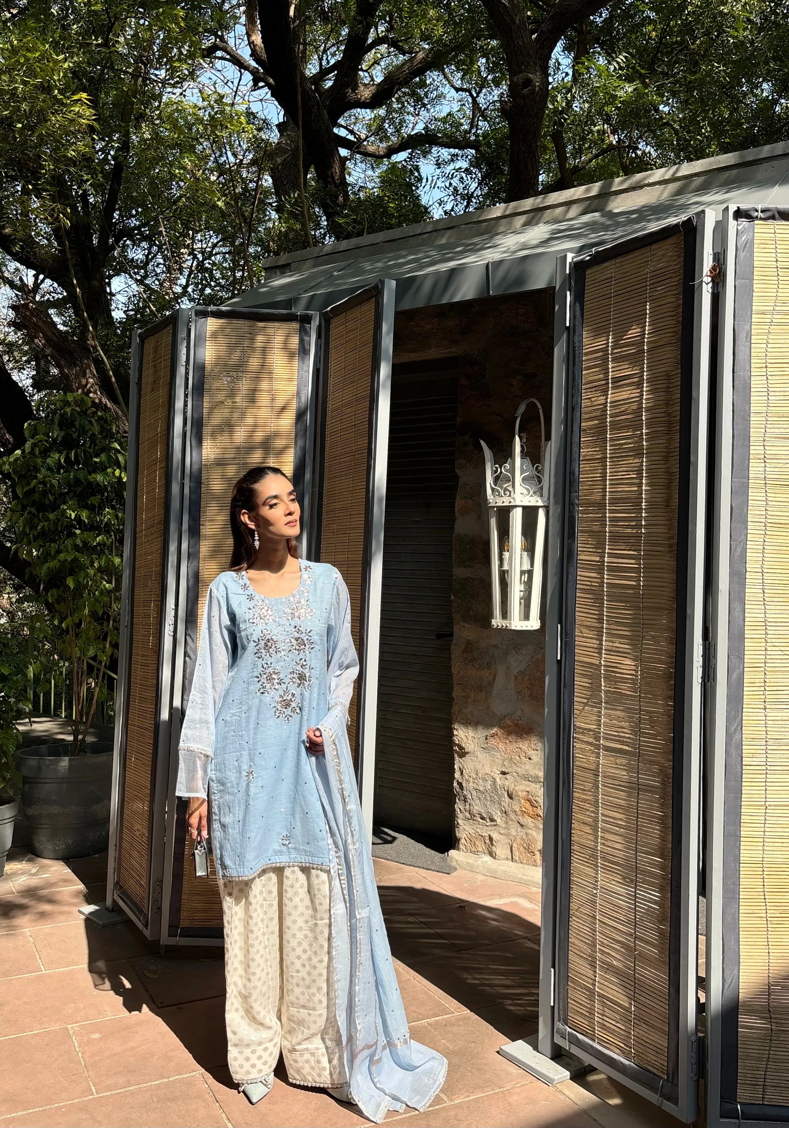 Powder Blue Mukaish Handwork Farshi by Pyoor – Perfectly paired mul chanderi kurta and georgette farshi.