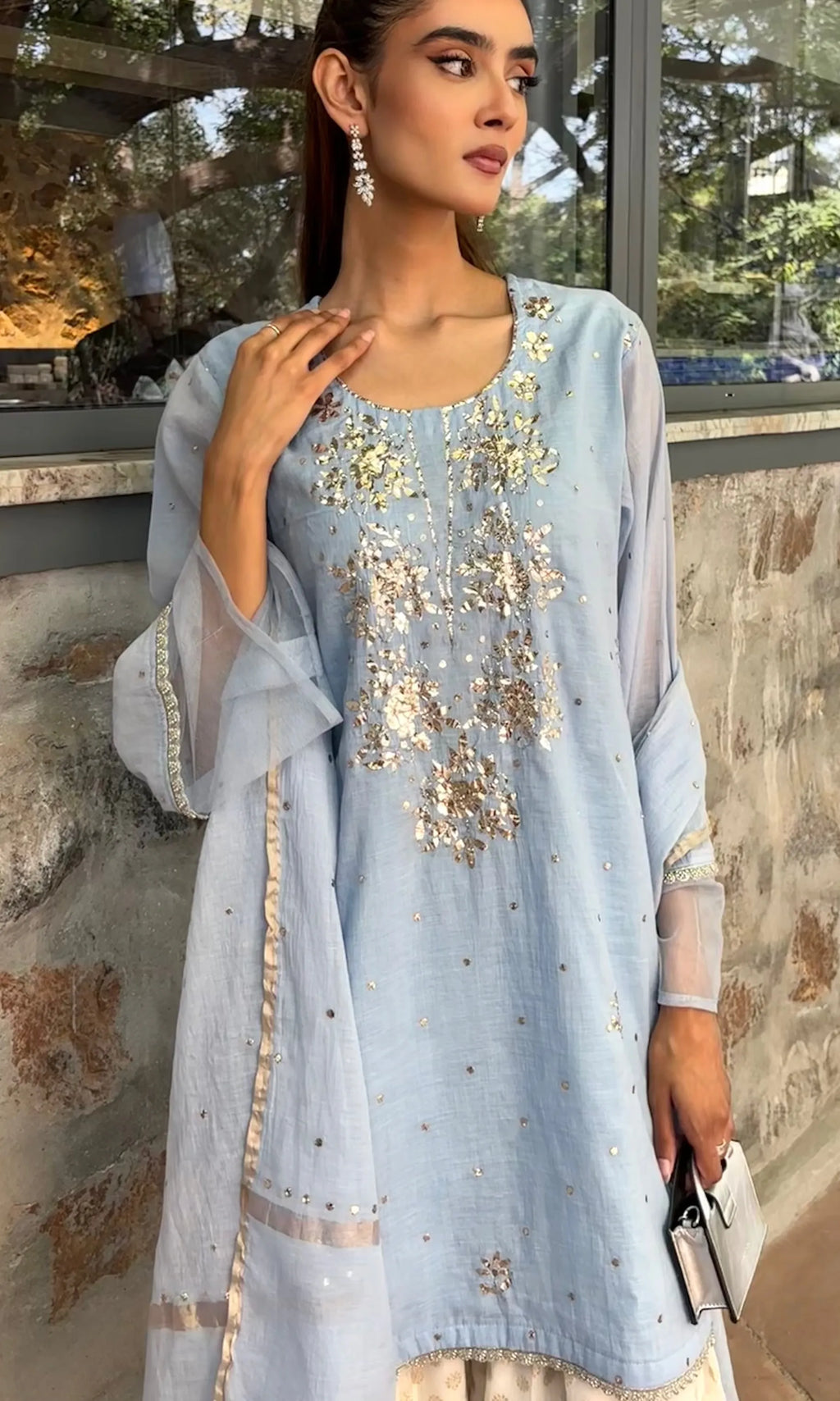 Powder Blue Mukaish Handwork Farshi by Pyoor – Stunning design with mul chanderi kurta and zari work.