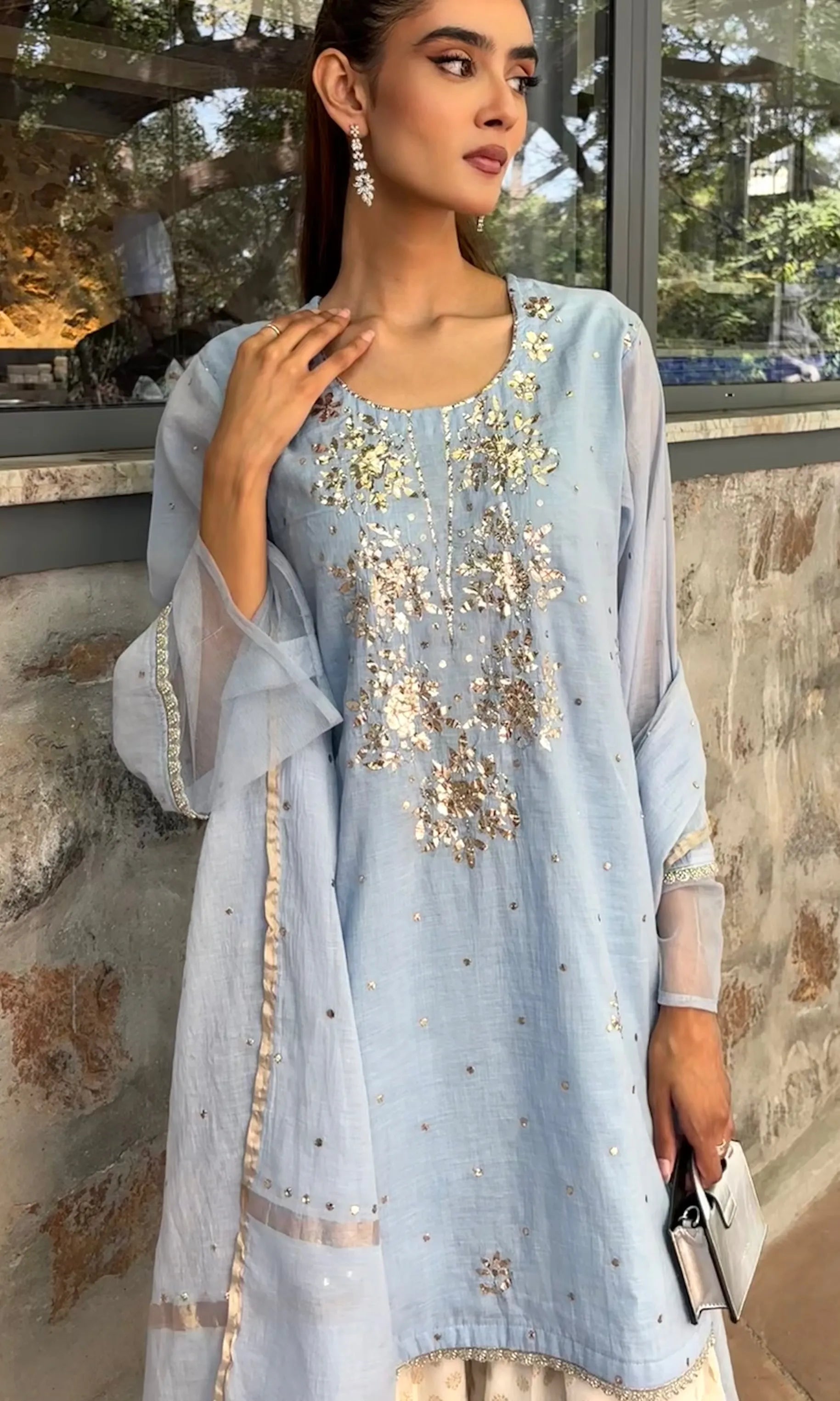 Powder Blue Mukaish Handwork Farshi by Pyoor – Stunning design with mul chanderi kurta and zari work.