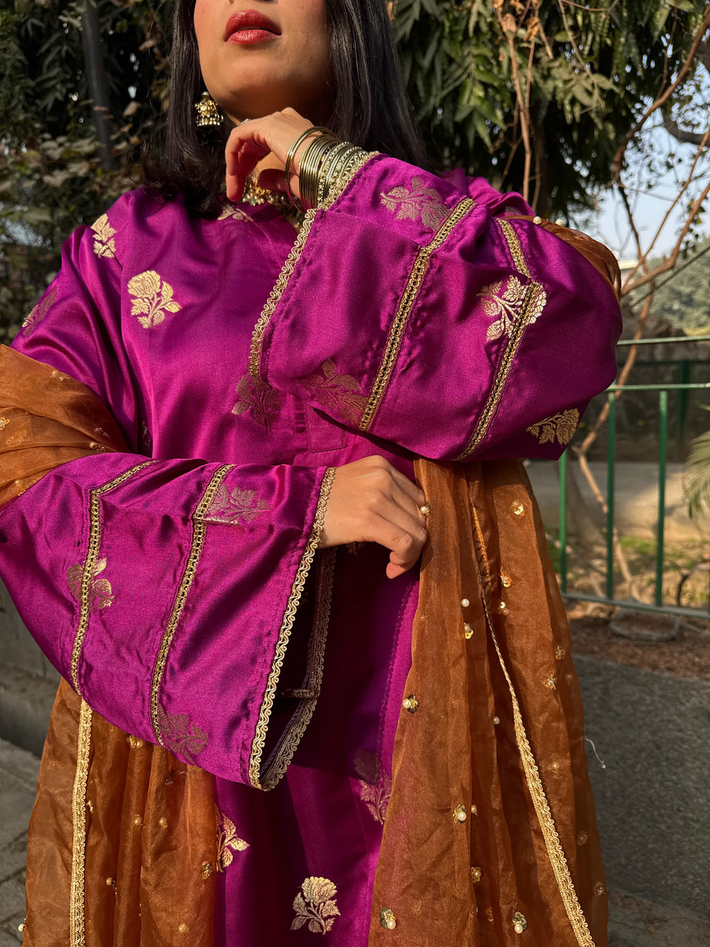 Rania Mashru Silk Set Pyoor with embroidered organza dupatta and mashru silk kurta