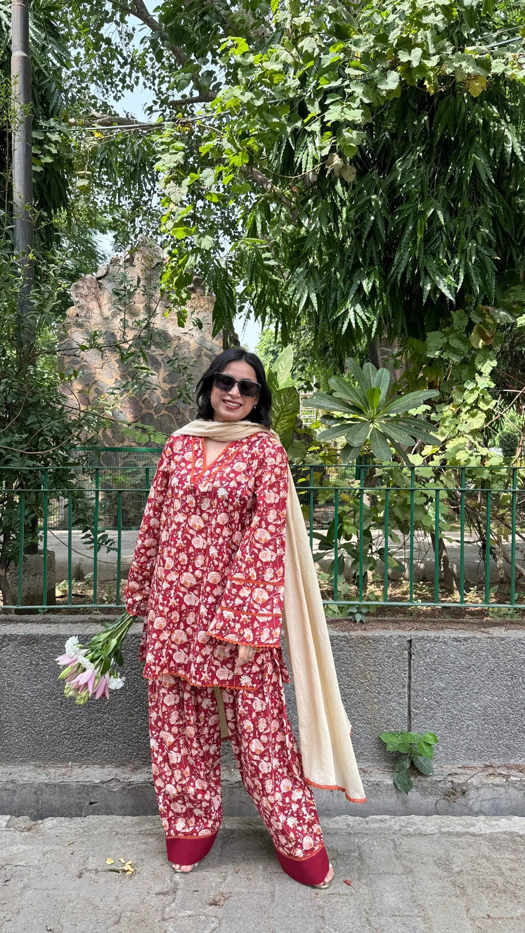 Rust Red Rukmani Set Farshi Salwar by Pyoor in cotton fabric with V neck and bell sleeves