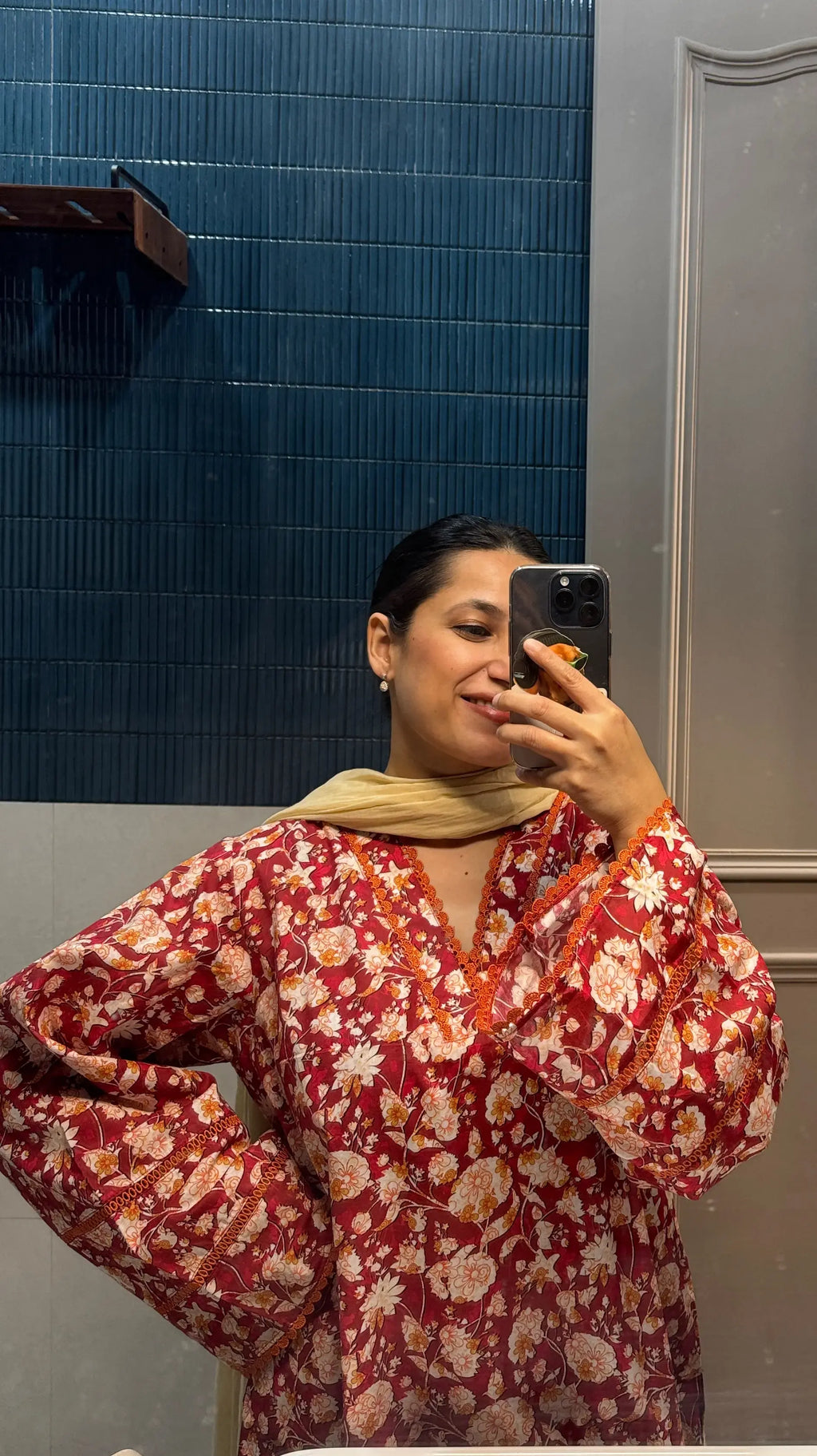 Rukmani Set Farshi Salwar in Rust Red by Pyoor featuring lace work and oversized fit