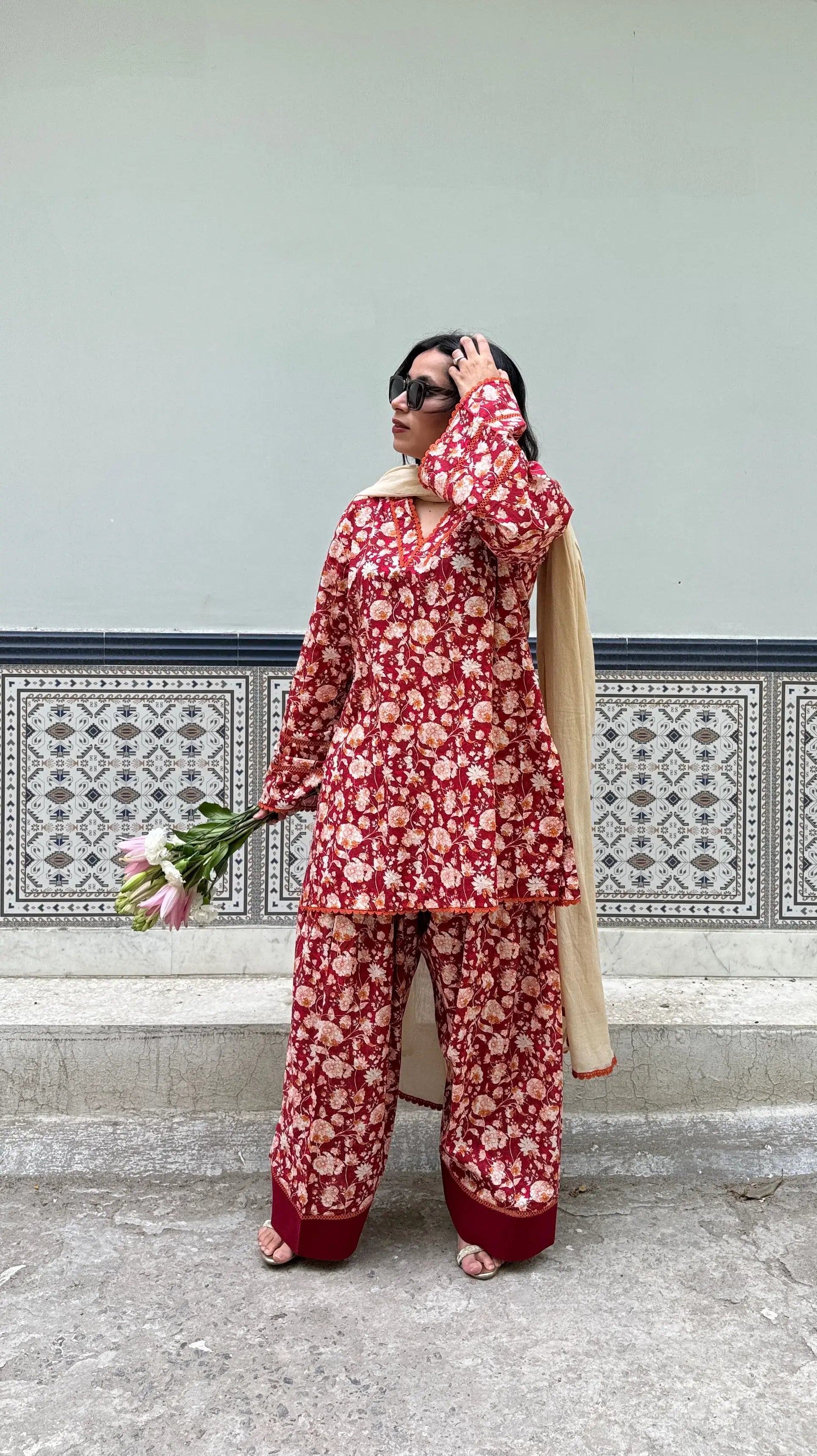 Pyoor Rukmani Set Farshi Salwar in Rust Red paired with a soft beige mul cotton dupatta