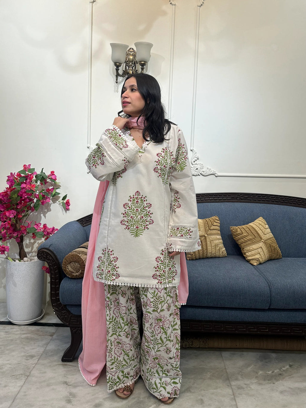 Rumi Block Print Farshi Set by Pyoor in soft cotton with pink mulmul dupatta and lace detail