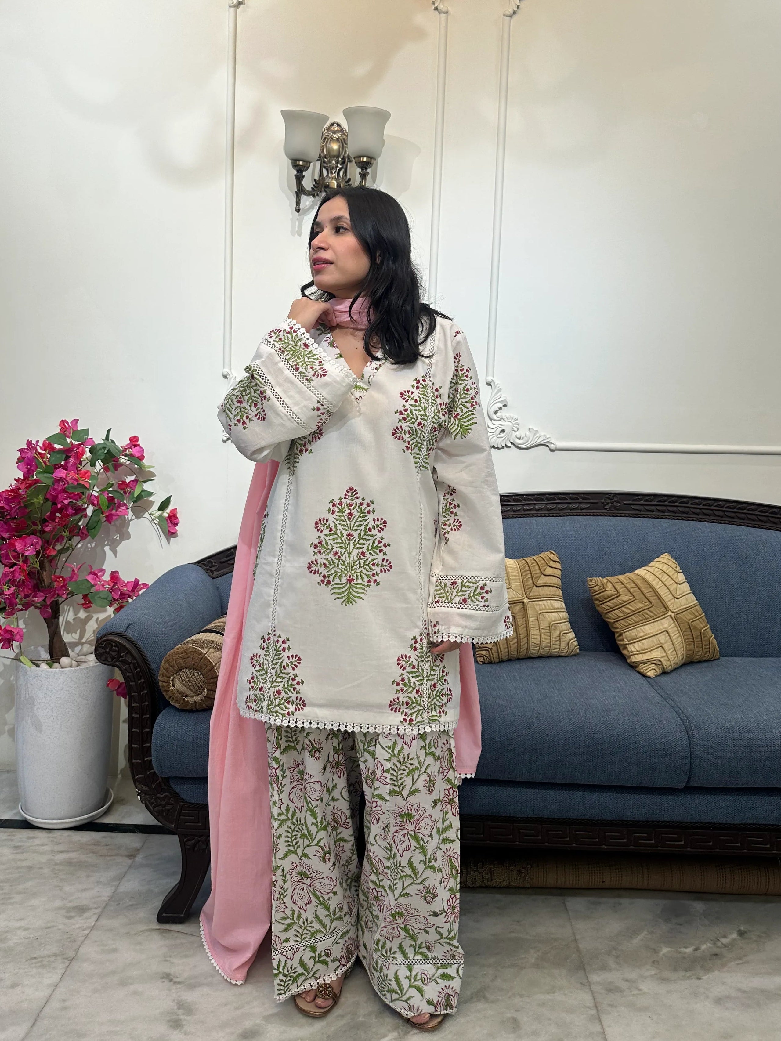 Rumi Block Print Farshi Set by Pyoor in soft cotton with pink mulmul dupatta and lace detail