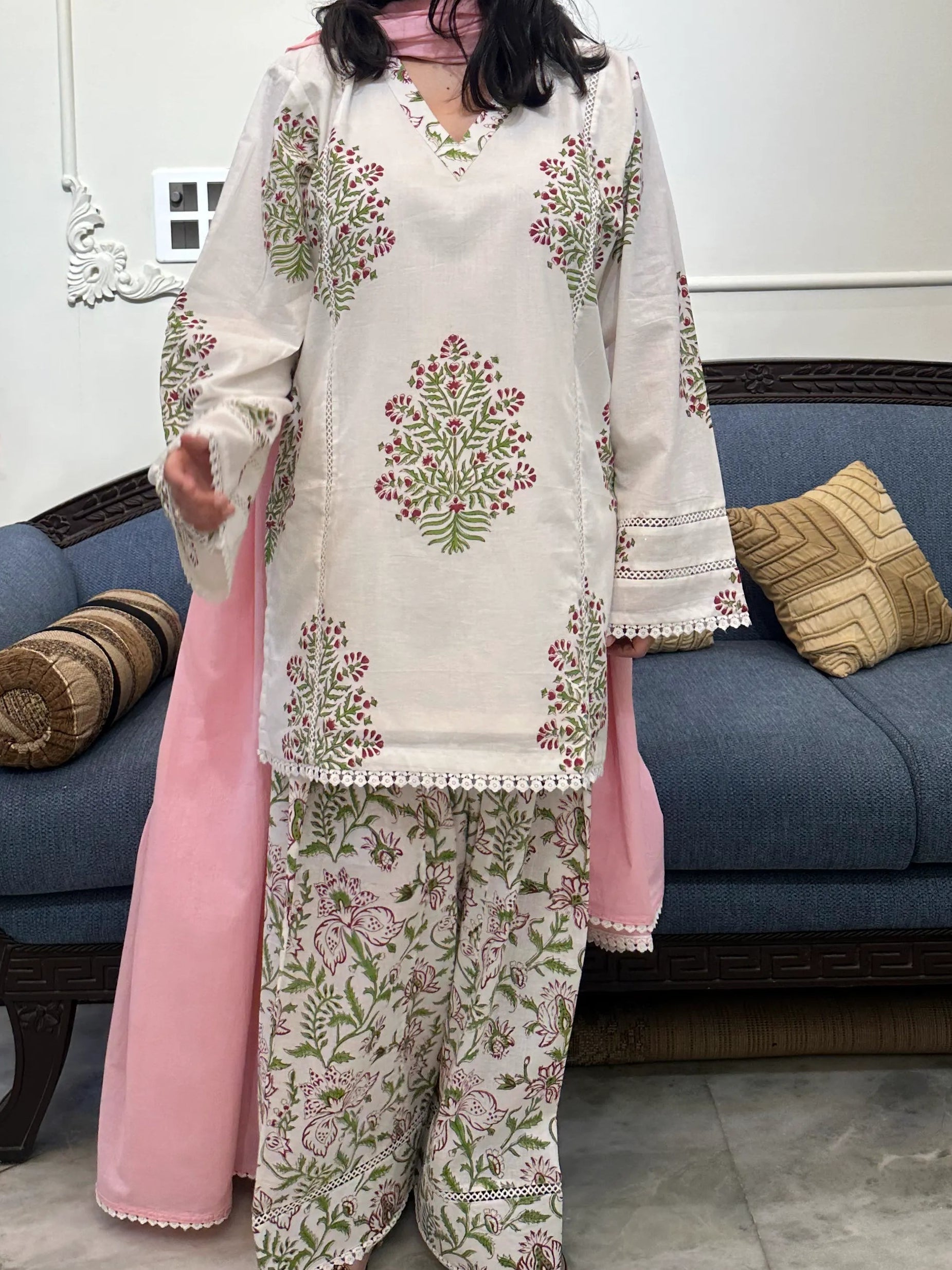 Rumi Block Print Farshi Set by Pyoor soft white cotton outfit with lace work and dupatta