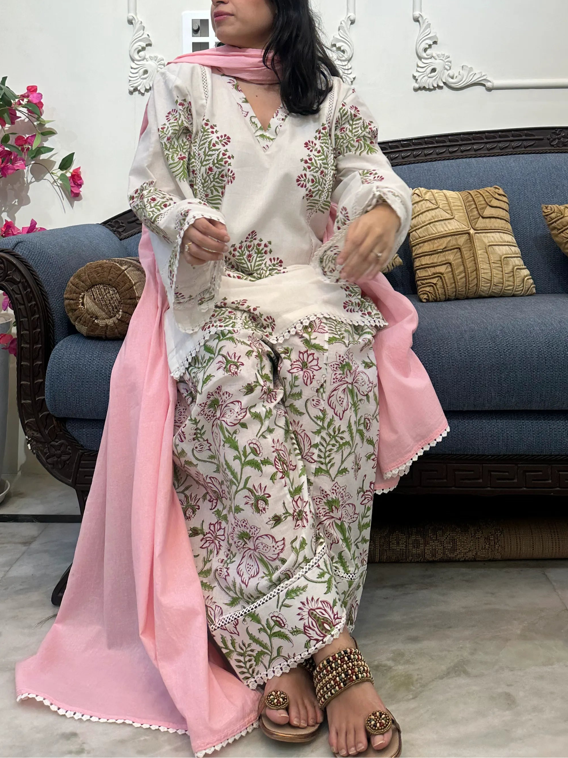 Rumi Block Print Farshi Set by Pyoor breathable cotton wear with elegant lace detailing