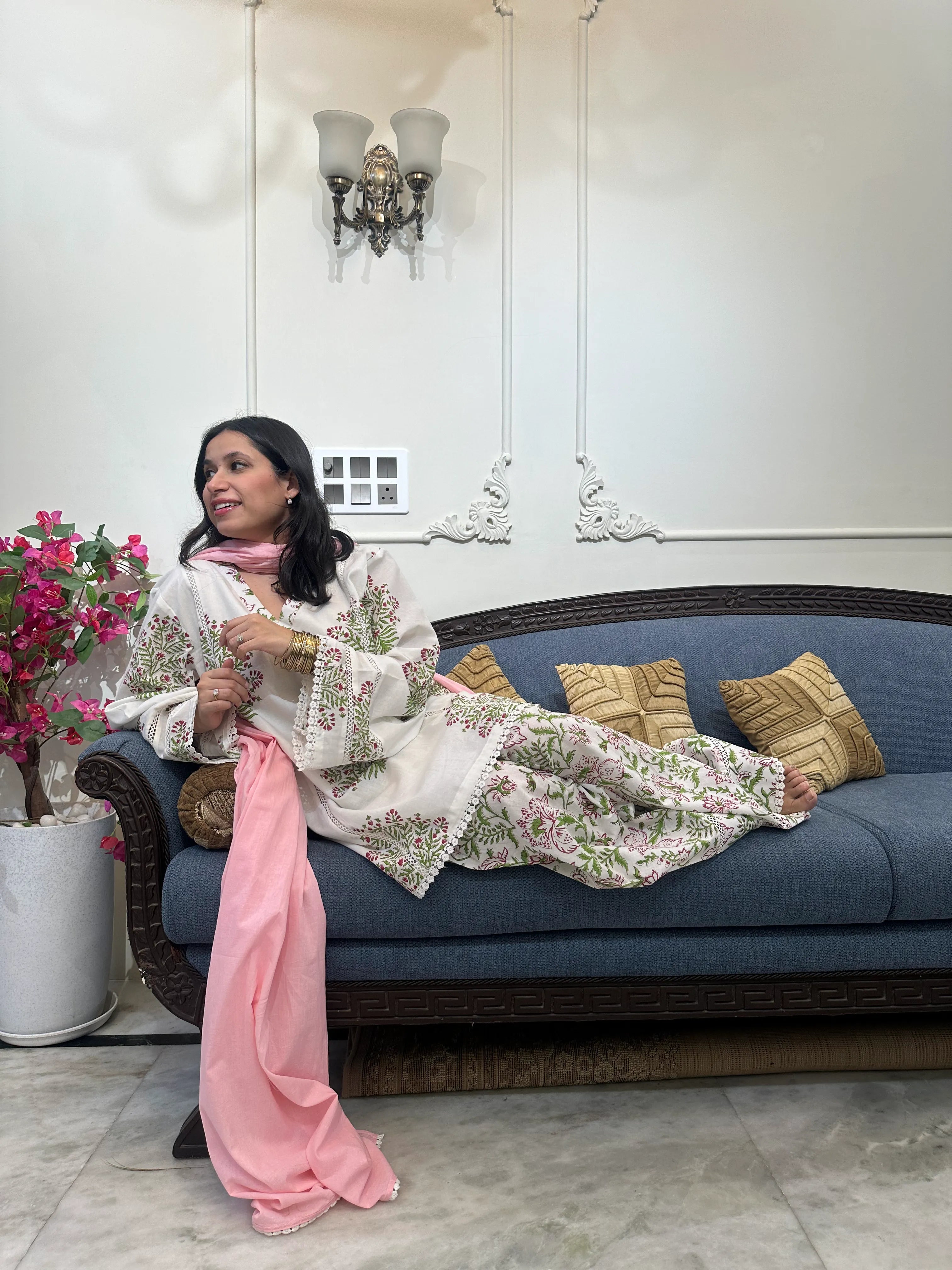 Rumi Block Print Farshi Set by Pyoor lightweight cotton set with delicate lace finish