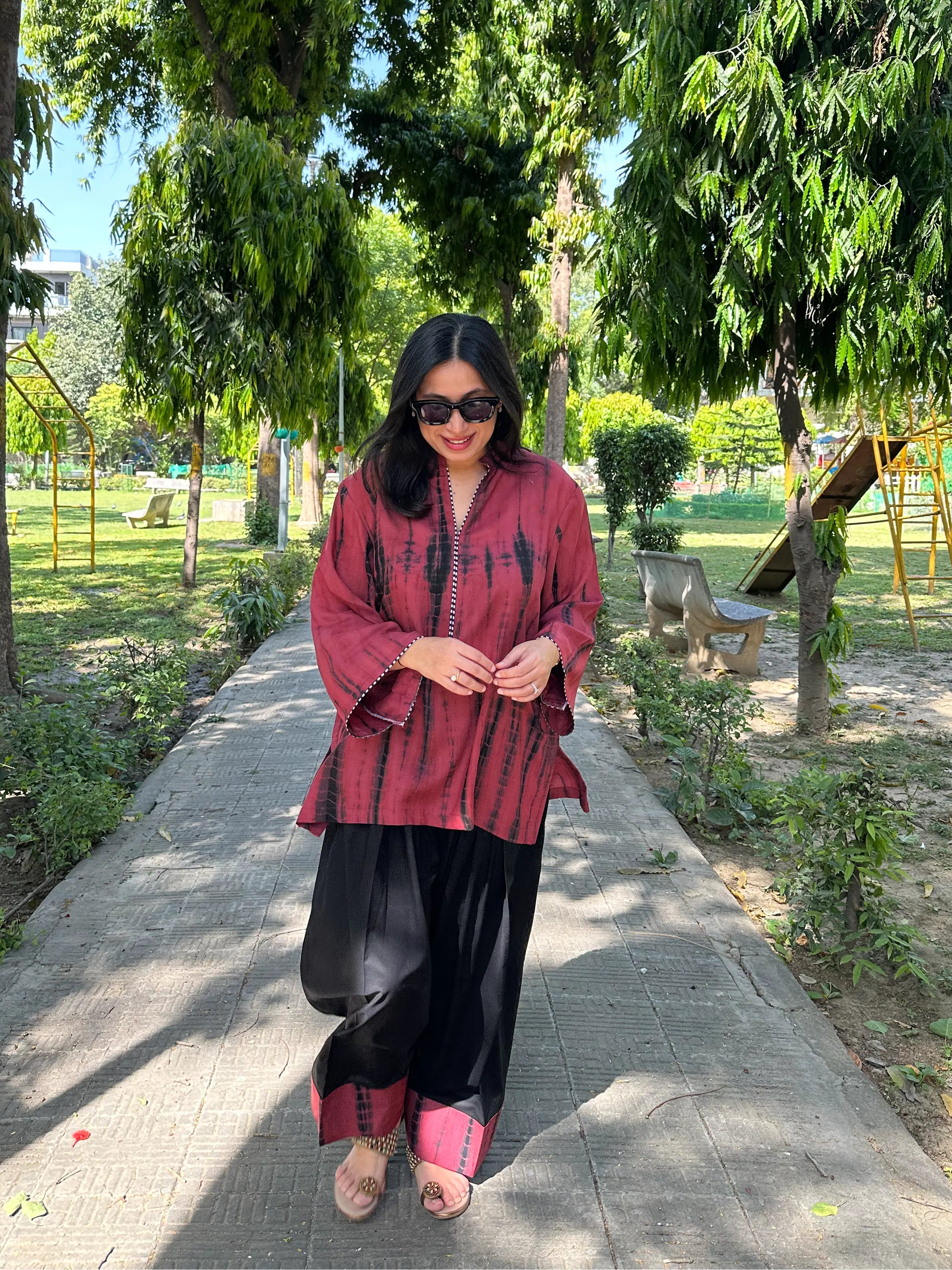 Rust Red Tie Dye Farshi Set by Pyoor featuring light muslin kurta and cotton salwar style