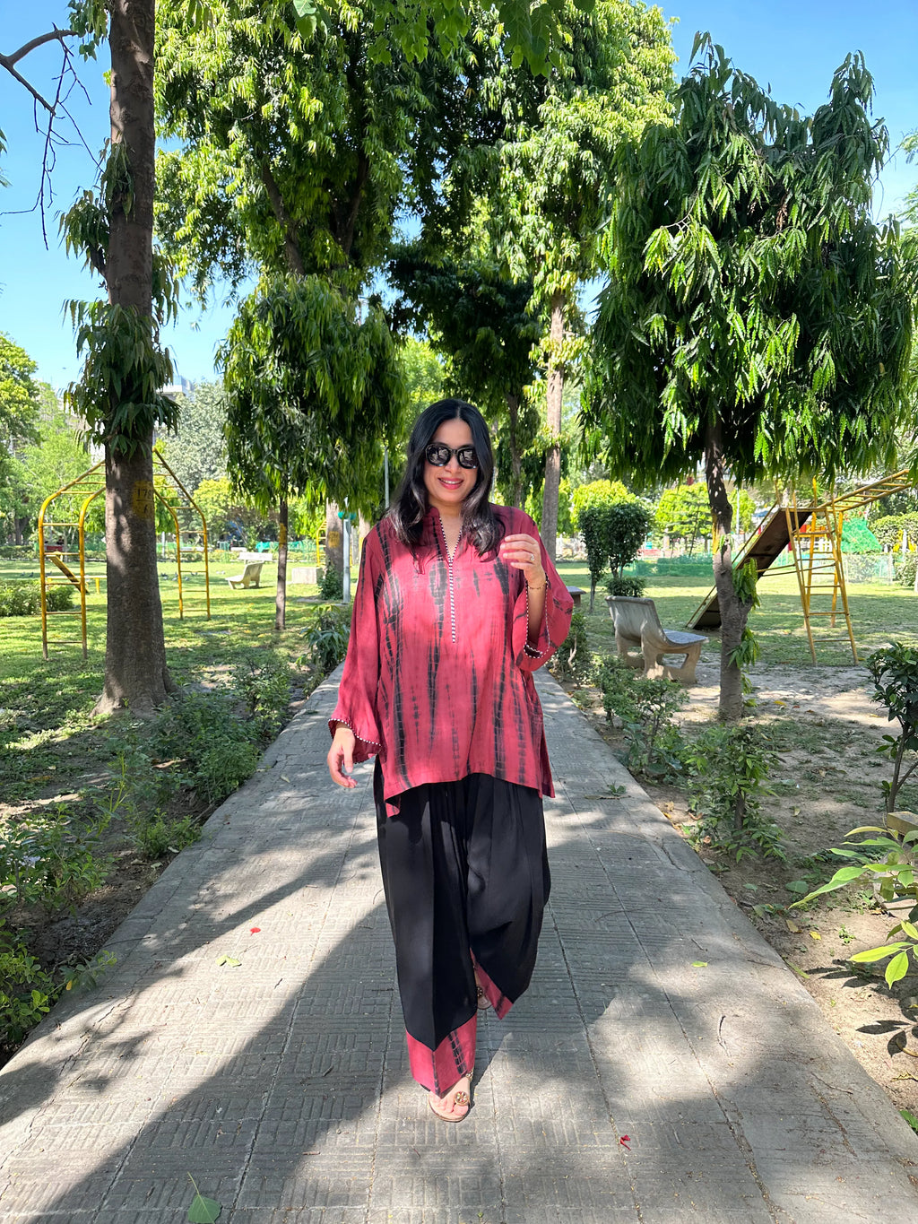 Rust Red Tie Dye Farshi Set by Pyoor designed in airy muslin kurta with cotton salwar wear