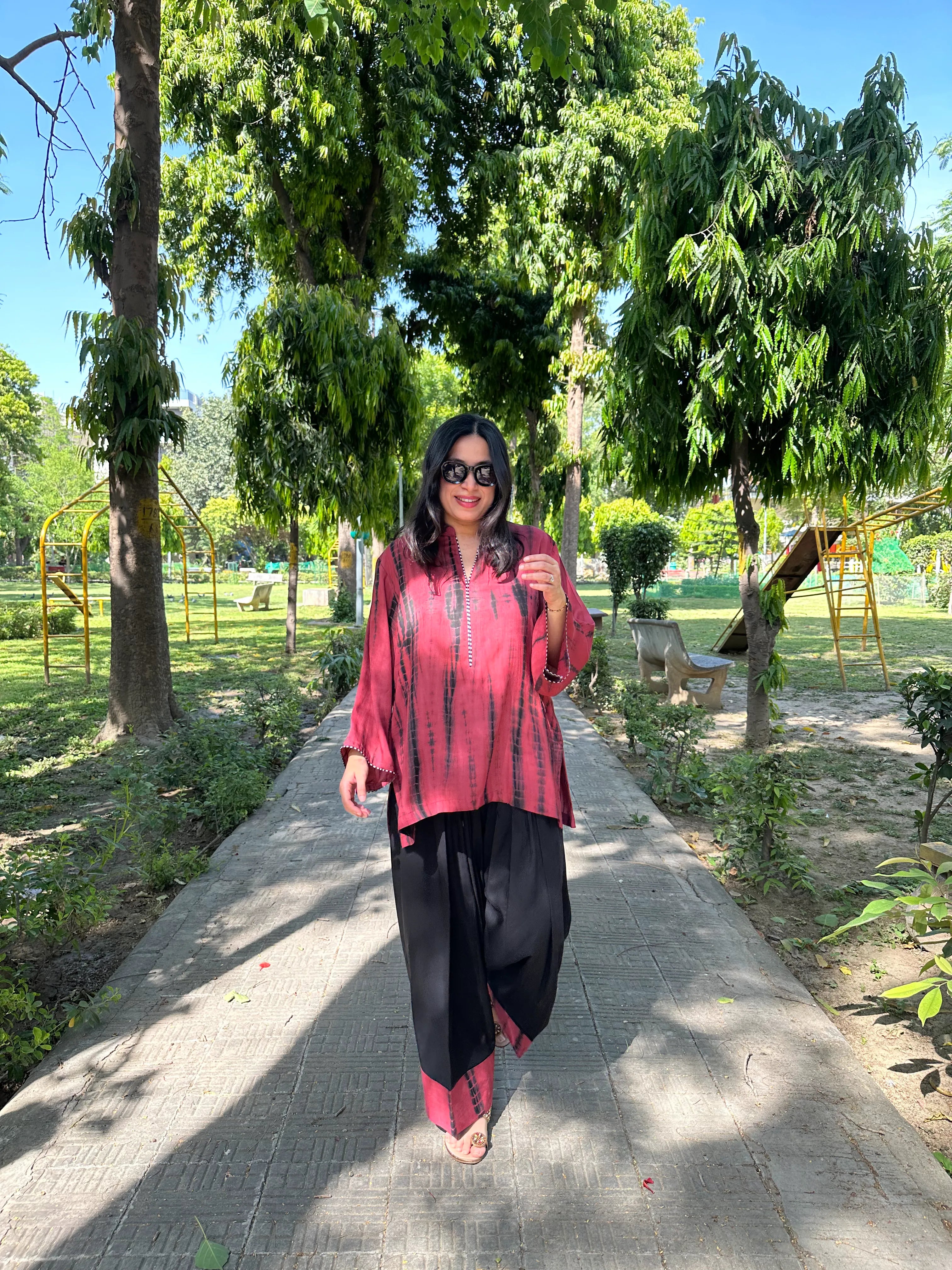 Rust Red Tie Dye Farshi Set by Pyoor designed in airy muslin kurta with cotton salwar wear