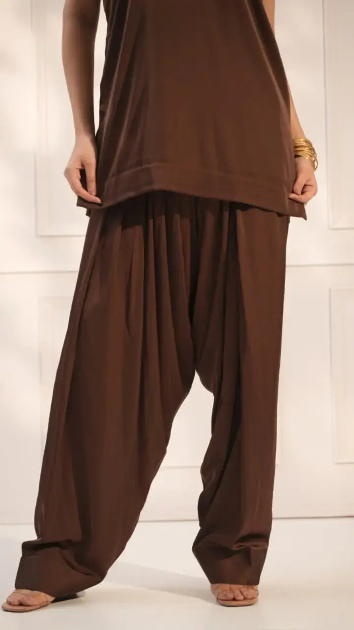 Pyoor SAND Middle Eastern Fit Kurta Set with Dupatta in coffee brown satin silk