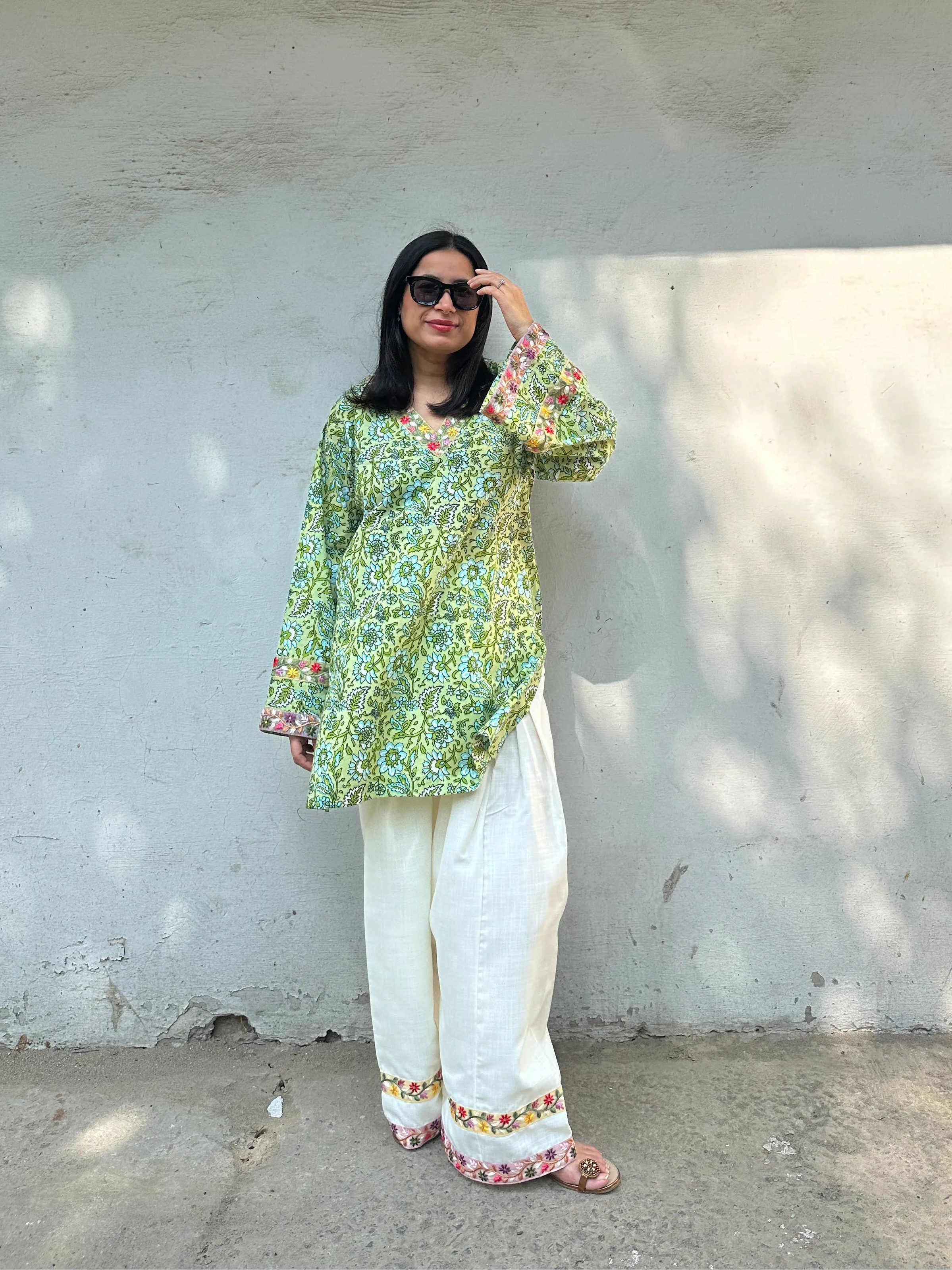 Sara Floral Farshi Set by Pyoor in mint cotton kurta with floral print and lace detailed salwar