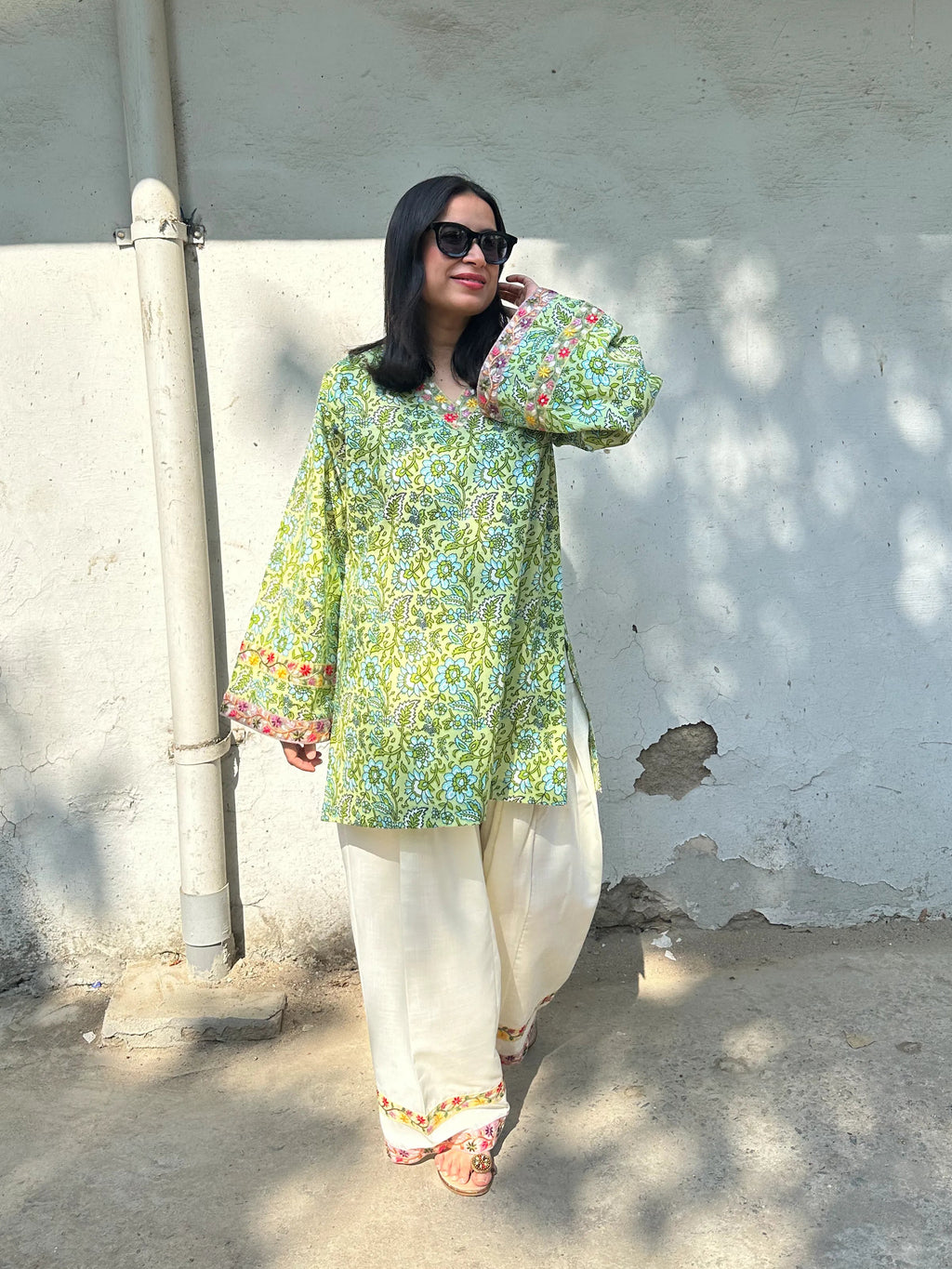 Sara Floral Farshi Set by Pyoor featuring mint green floral kurta with comfortable cotton fabric