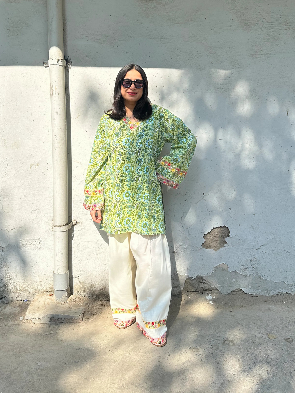 Sara Floral Farshi Set by Pyoor with soft cotton mint kurta and delicate lace detailed salwar