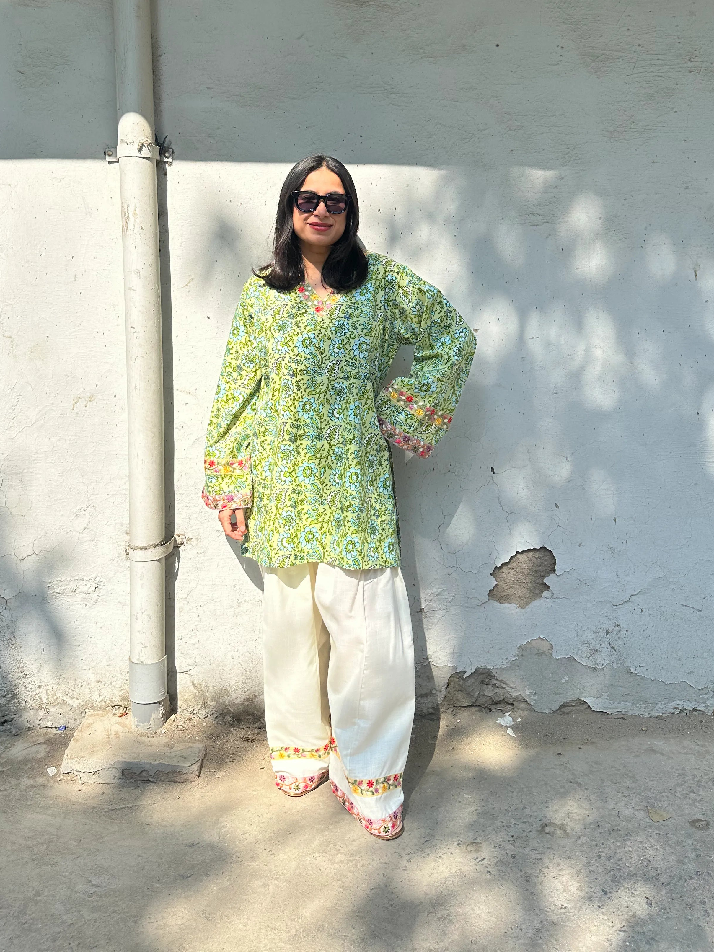 Sara Floral Farshi Set by Pyoor with soft cotton mint kurta and delicate lace detailed salwar