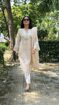 SEHER set in oversized fit by Pyoor with cream embroidery and bell sleeves