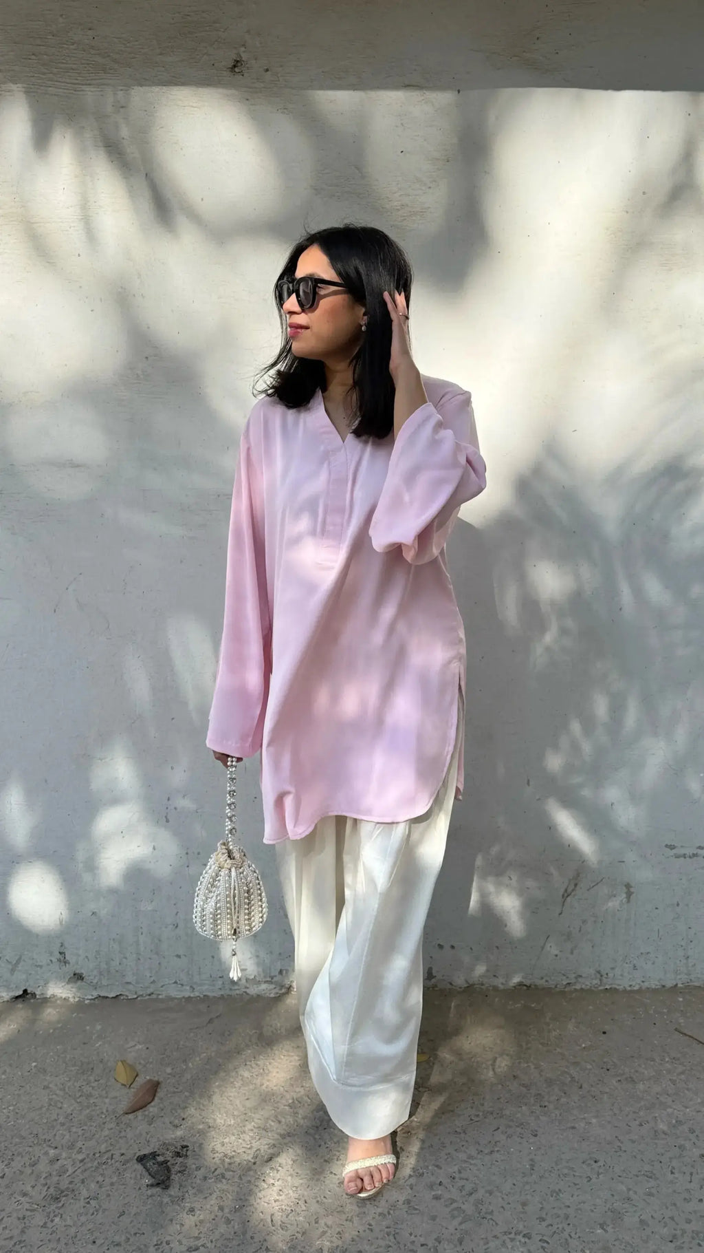 SOLIDS Baby Pink Farshi Salwar Suit Set by Pyoor in soft bizzy lizzy fabric for elegant comfort.