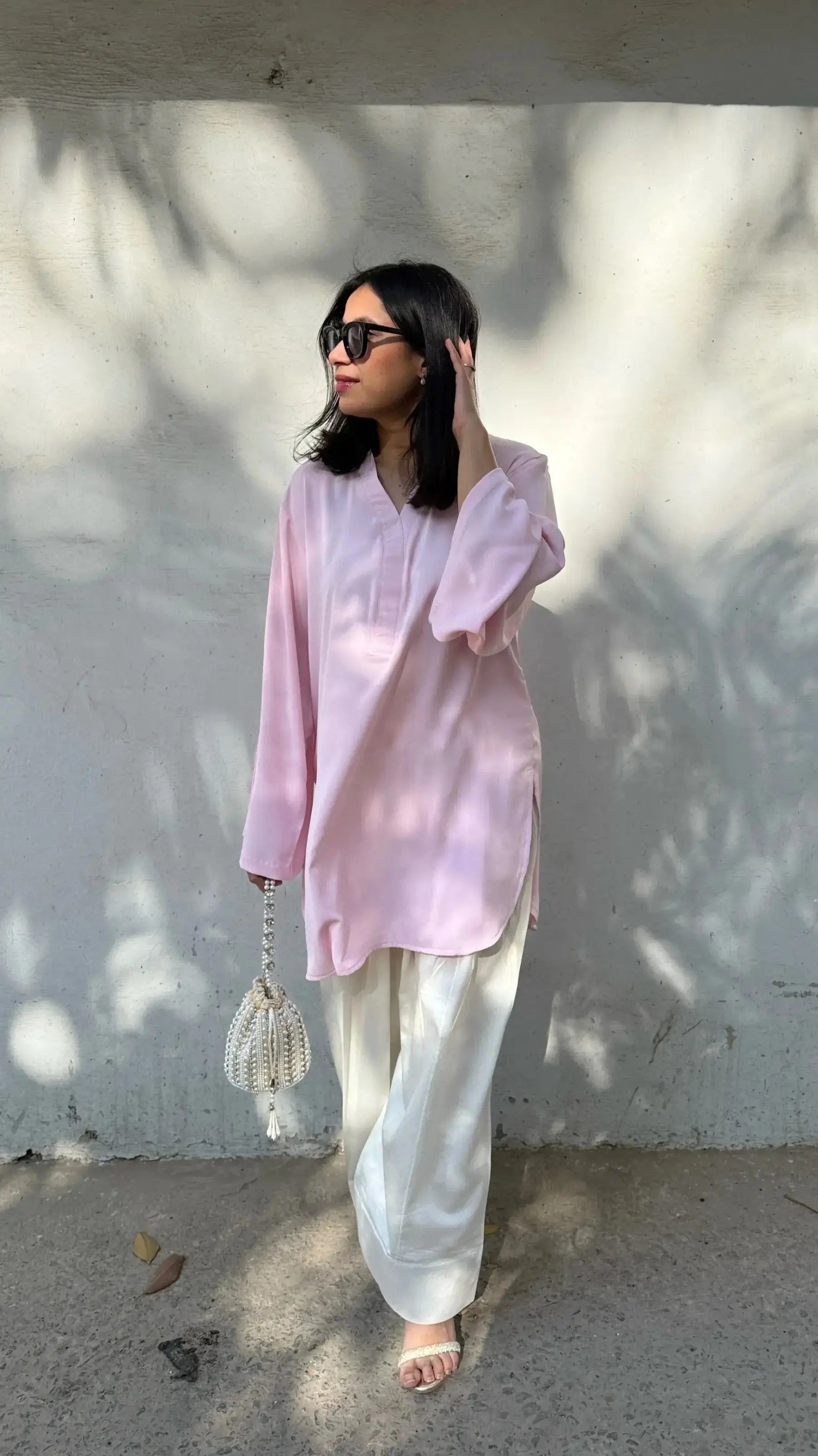 SOLIDS Baby Pink Farshi Salwar Suit Set by Pyoor in soft bizzy lizzy fabric for elegant comfort.