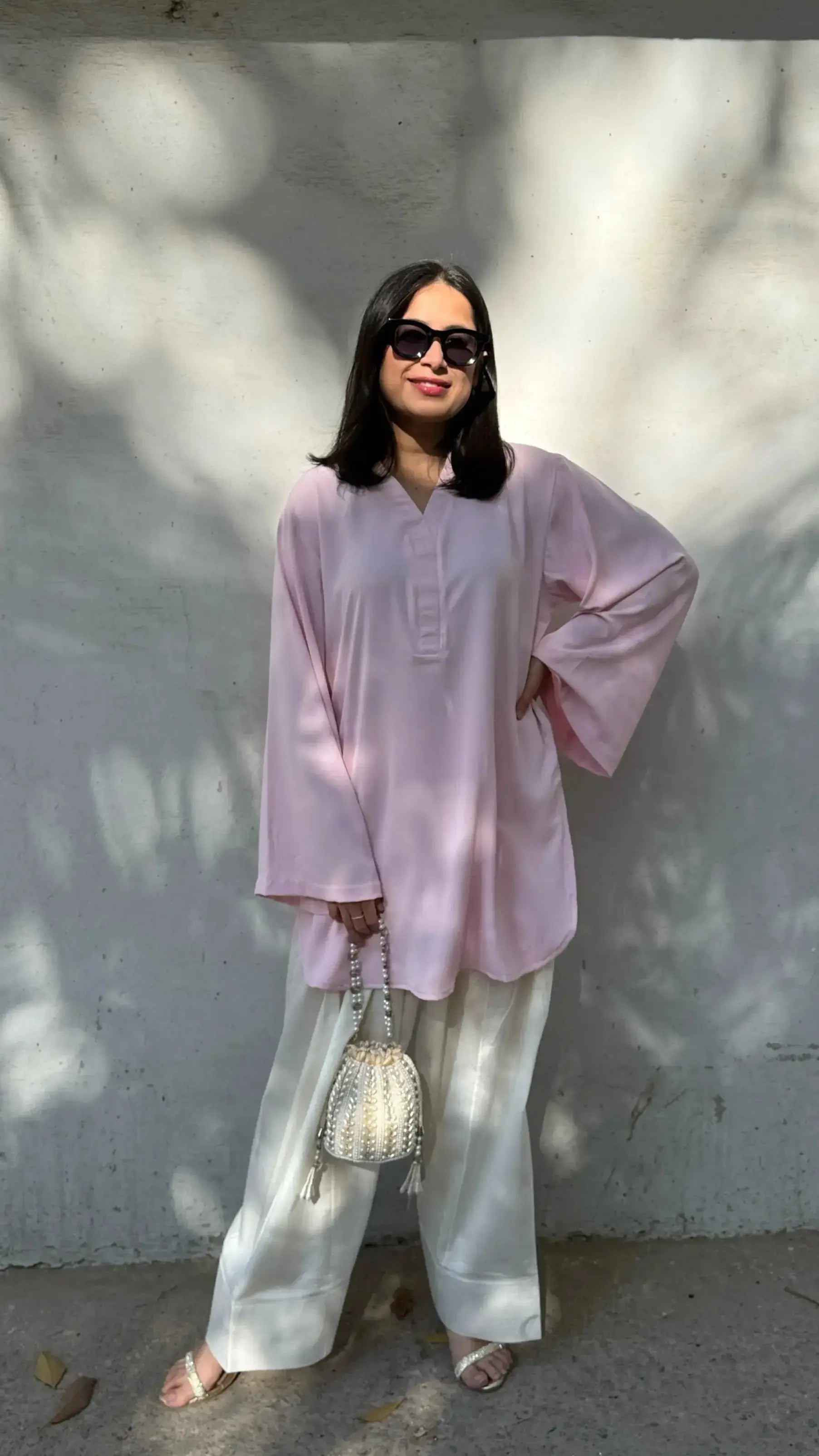 Pyoor SOLIDS Baby Pink Farshi Salwar Suit Set with loose-fit kurta and wide paincha salwar.