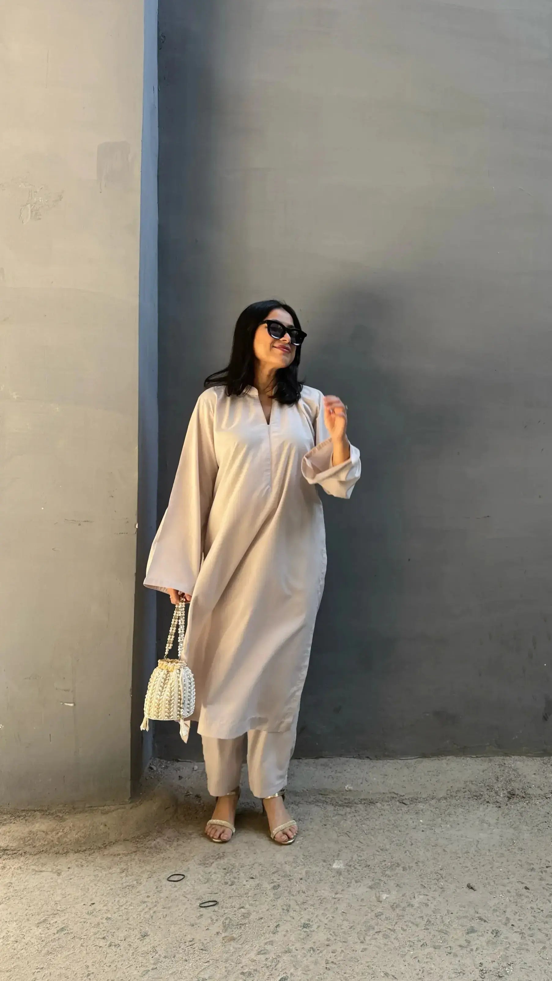 Comfortable SOLIDS Kurta Co-ord set in Ivory Beige Oversized fit by Pyoor for easy movement