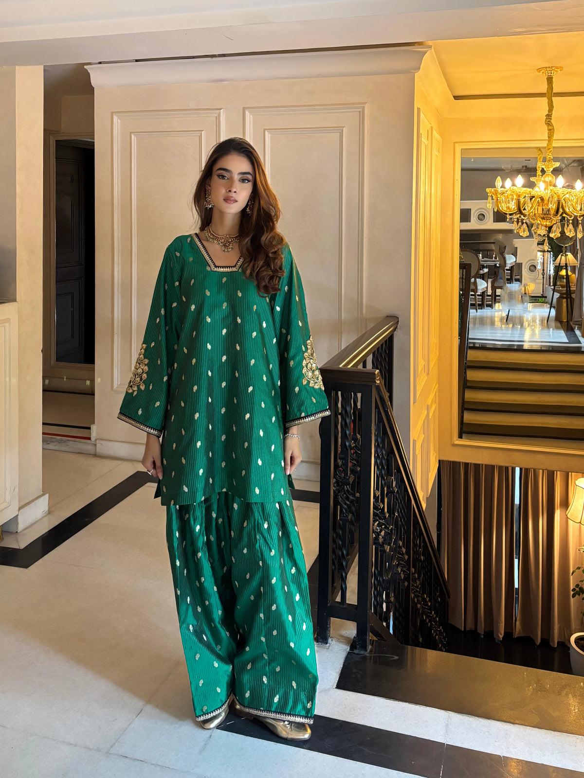 Saira Green Brocade Co-ord Farshi with zardosi embroidered patchwork, Pyoor